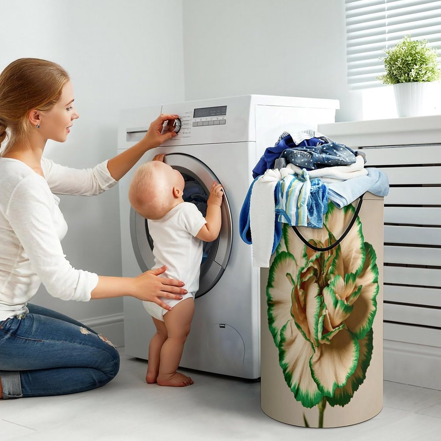 Green Edge Beige Laundry Hamper Portable Lightweight Clothes Hampers Fashion Dirty Laundry Storage Basket Large Capacity Foldable Clothes Baskets for Bathroom Bedroom