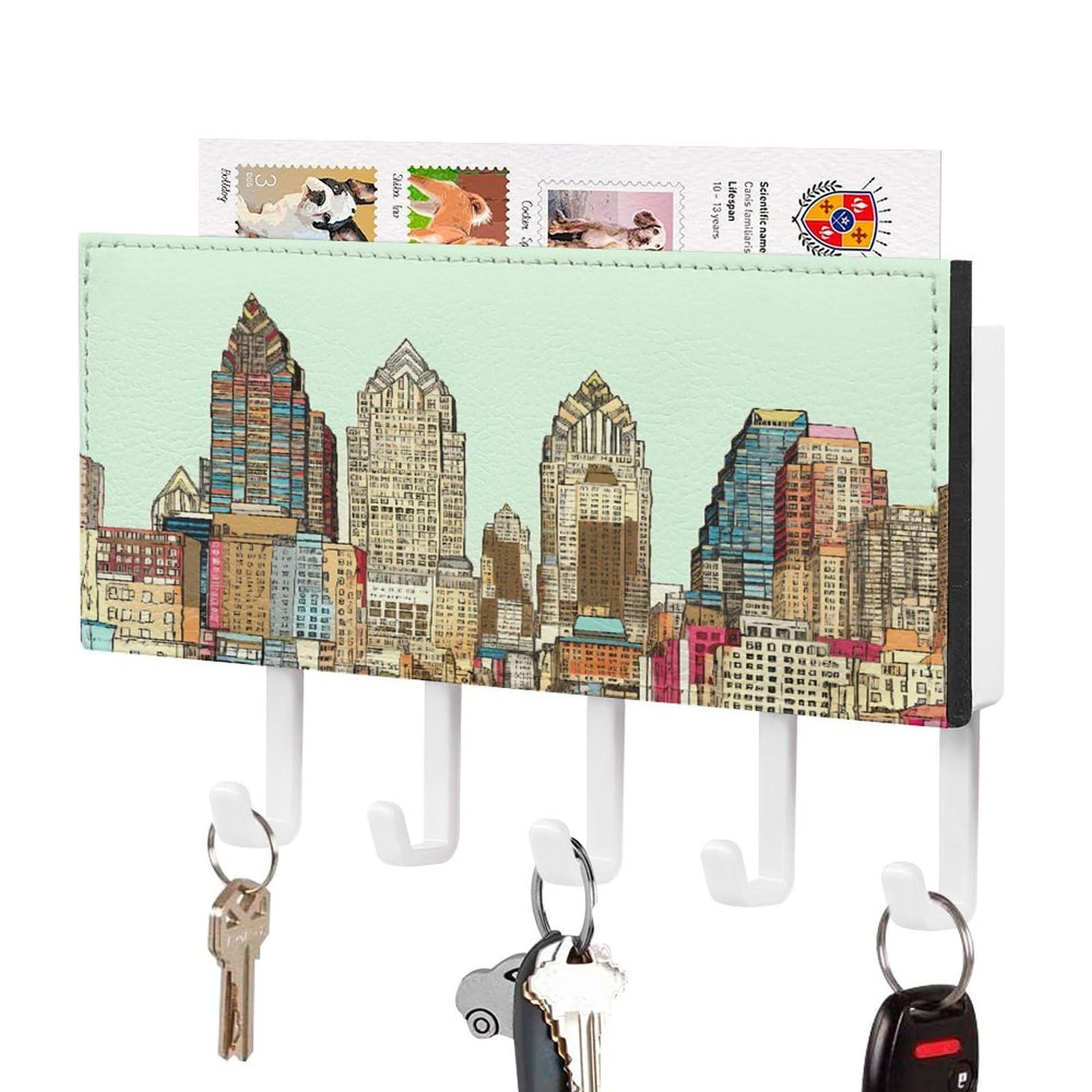 FekiLoot Austin Texas Key Holder for Wall Decorative Mail Organizer with 5 Key Hook Self Adhesive Key Rack with Tray Coat Rack Wall Mount Key Hanger Decor for Entryway Door