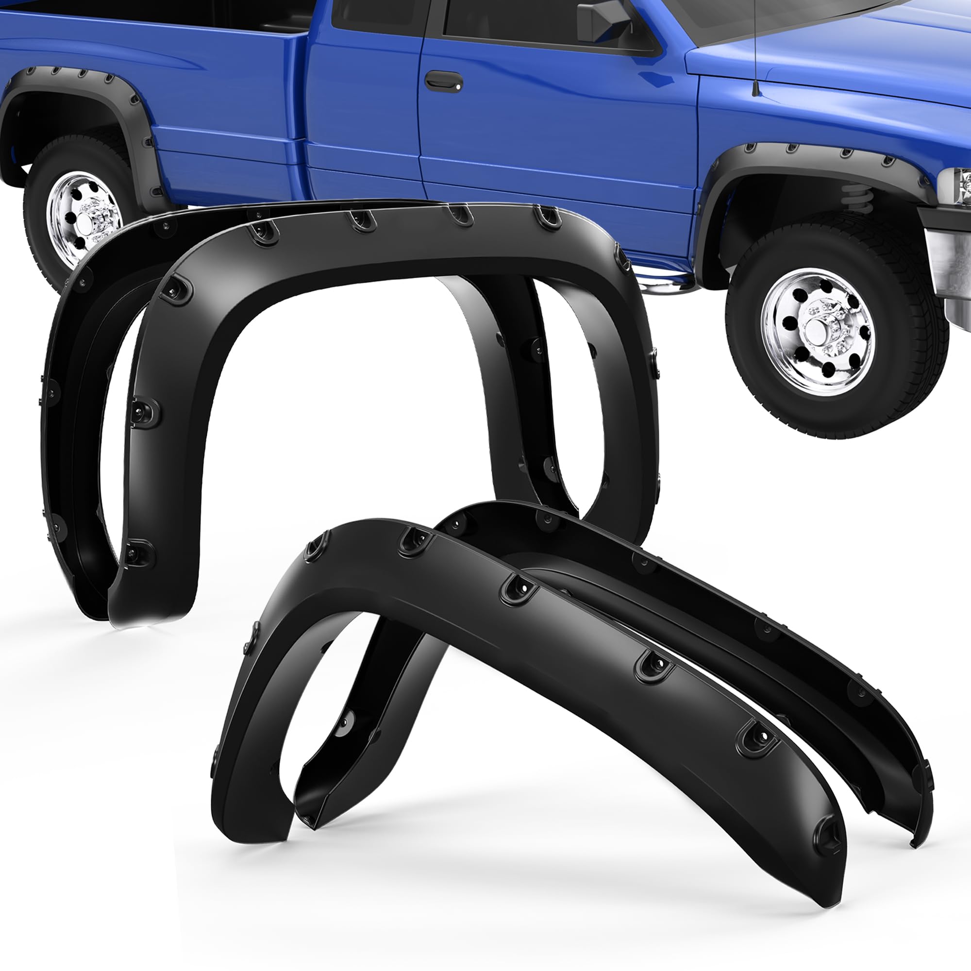 KUIPERAUTO Smooth Black Pocket Bolt-Riveted Fender Flares 4PCS Paintable PP Wheel Flares Compatible with 1994 1995 1996 1997 1998 1999 2000 2001 Dodge