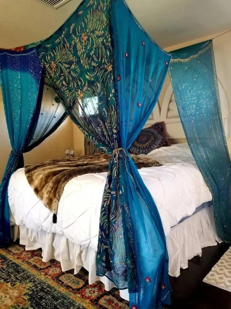 Bed Canopy Queen Midnight Blue Galaxy Boho Curtains Bedroom Made to Order Sequin Silk Magical Canopy Queen Beaded Bohemian