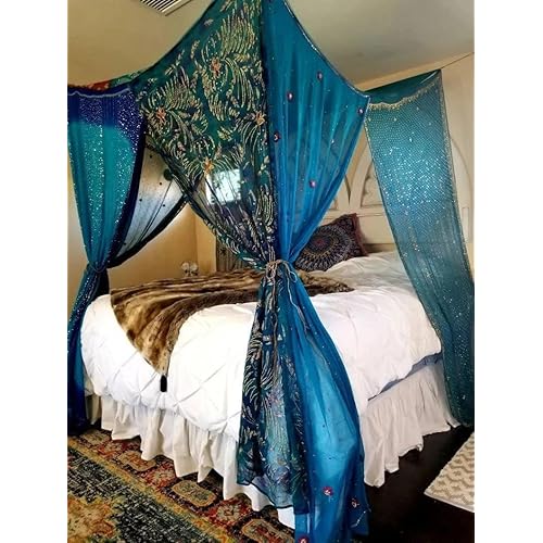 Bed Canopy Queen Midnight Blue Galaxy Boho Curtains Bedroom Made to Order Sequin Silk Magical Canopy Queen Beaded Bohemian