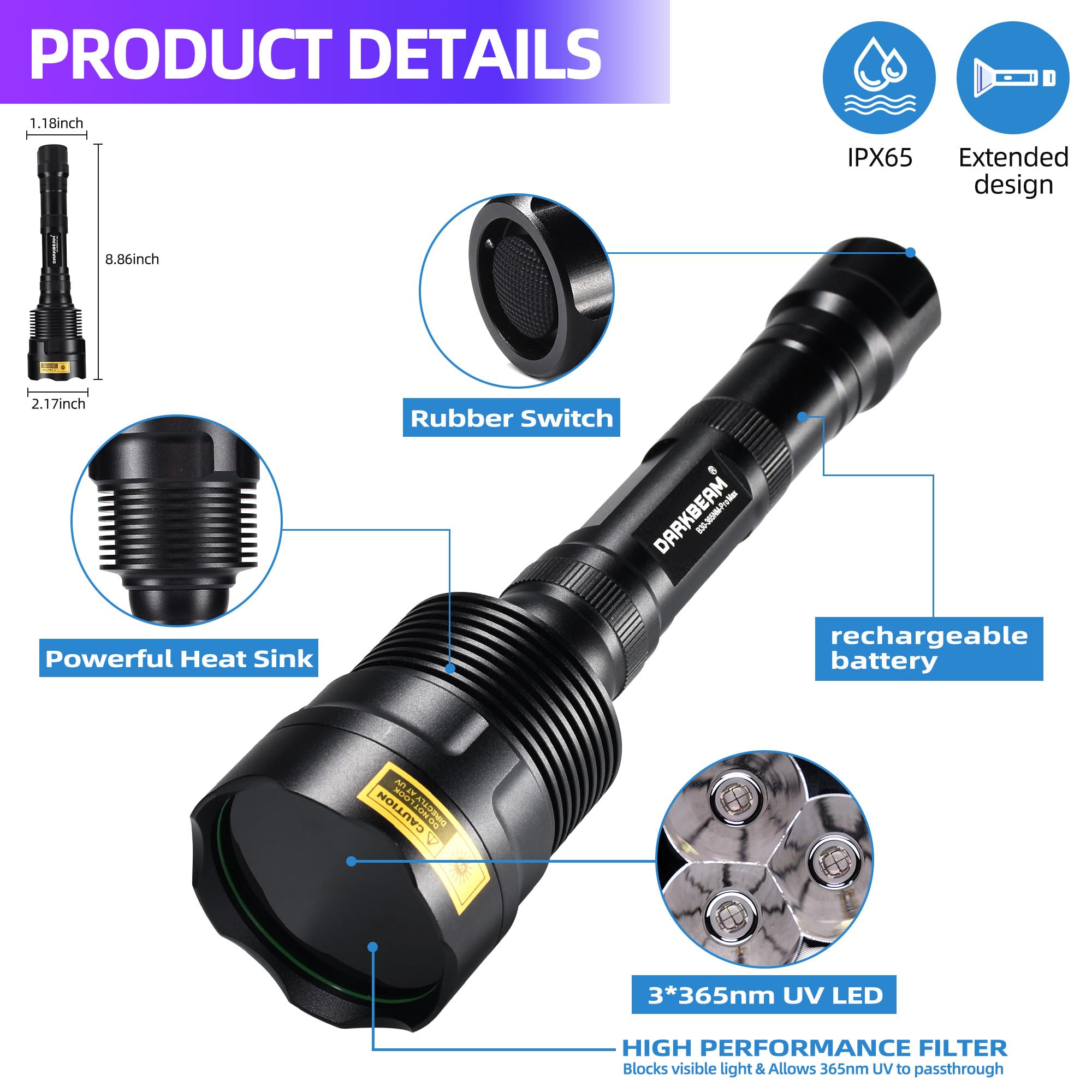 DARKDAWN Torcia UV 395nm Luce Nera Mini USB Ricaricabile