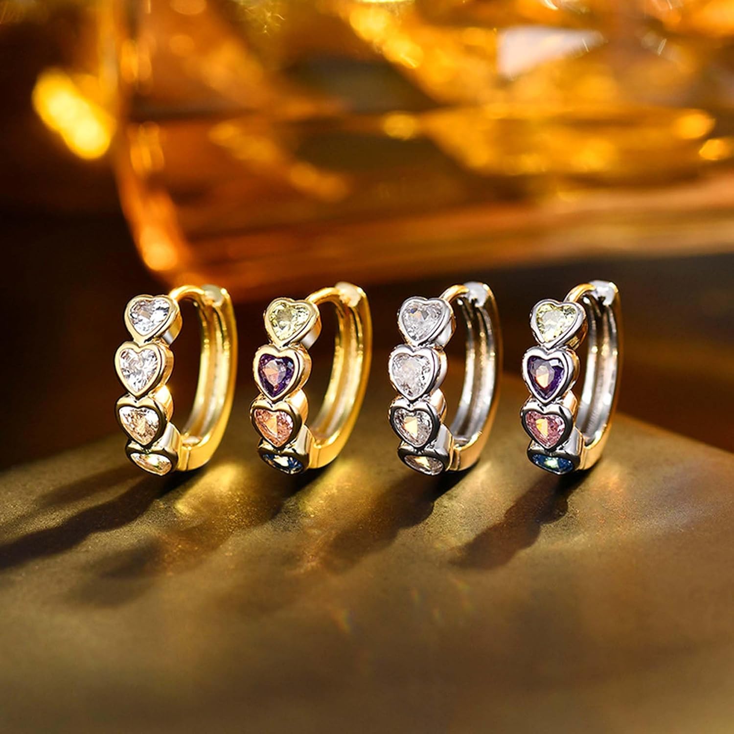 Heart Hoop Earrings CZ Heart Huggie Hoop with Clear Colorful Cubic Zirconia Paved Silver Post Hinged Hoops for Women - Image 6