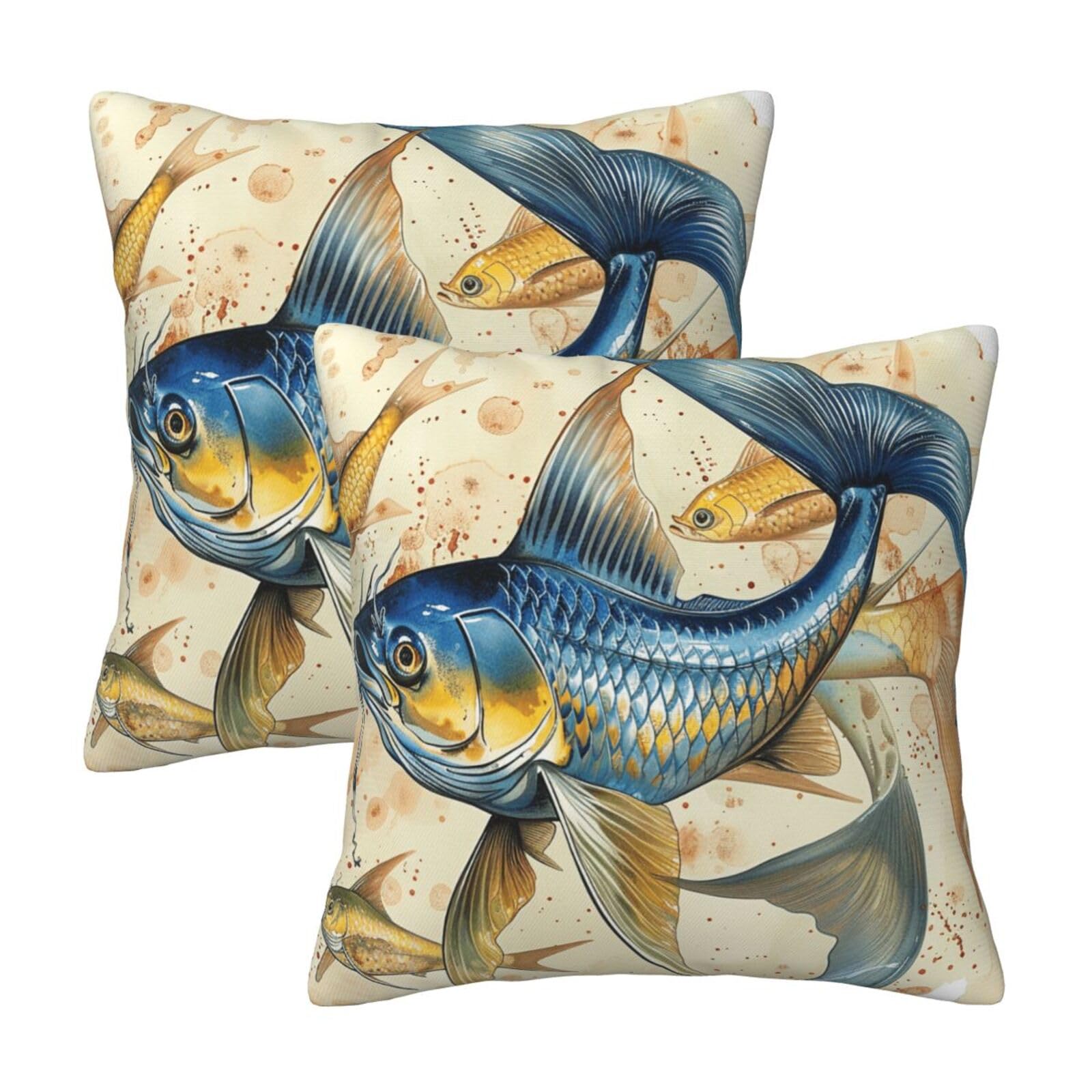 kkvhhyuo Fish art Print Print Pillow Covers Set of 2, Square Decorative Cushion Covers with Hidden Zipper, Throw Pillow Cases for Living Room Sofa Bed Chair, 50x50 cm