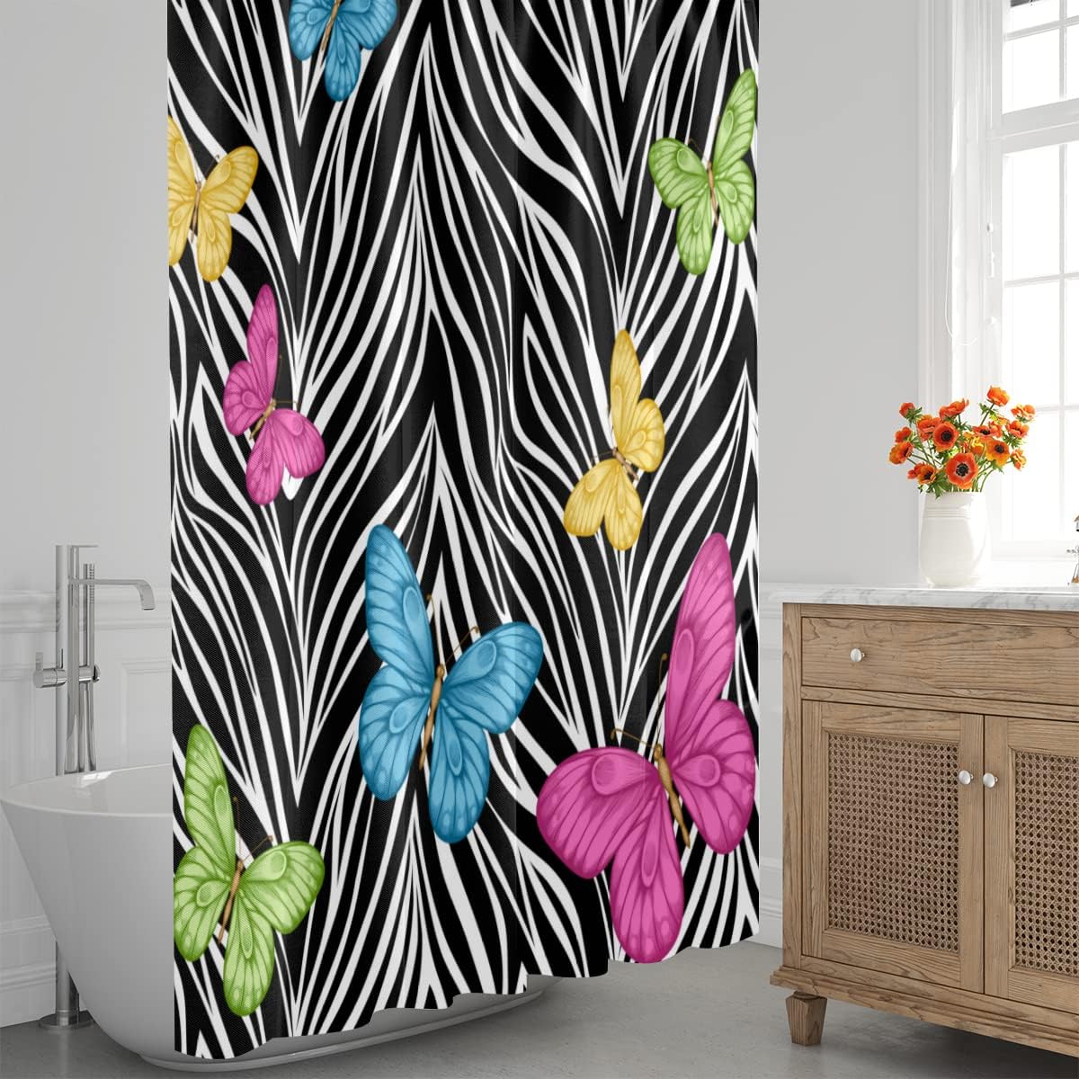 Animal Zebra Print Butterfly Shower Curtain Fabric Shower Curtain Set with 12 Plastic Hooks Waterproof Cloth Farmhouse Washable Bath Curtains for Bathroom Decor 60 x 72 Inches
