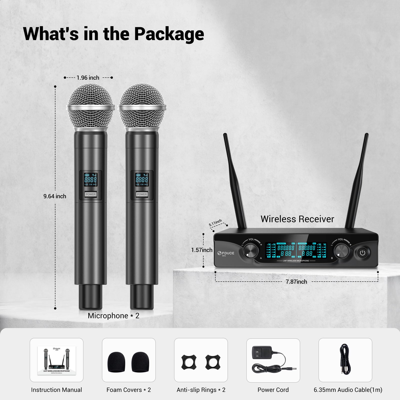 FDUCE Microfono Wireless, Set Doppio Microfono Wireless Karaoke con Ricevitore per Karaoke Feste Matrimoni Chiesa Eventi all'aperto Canale Regolabile UHF 2x5 60m (W13)
