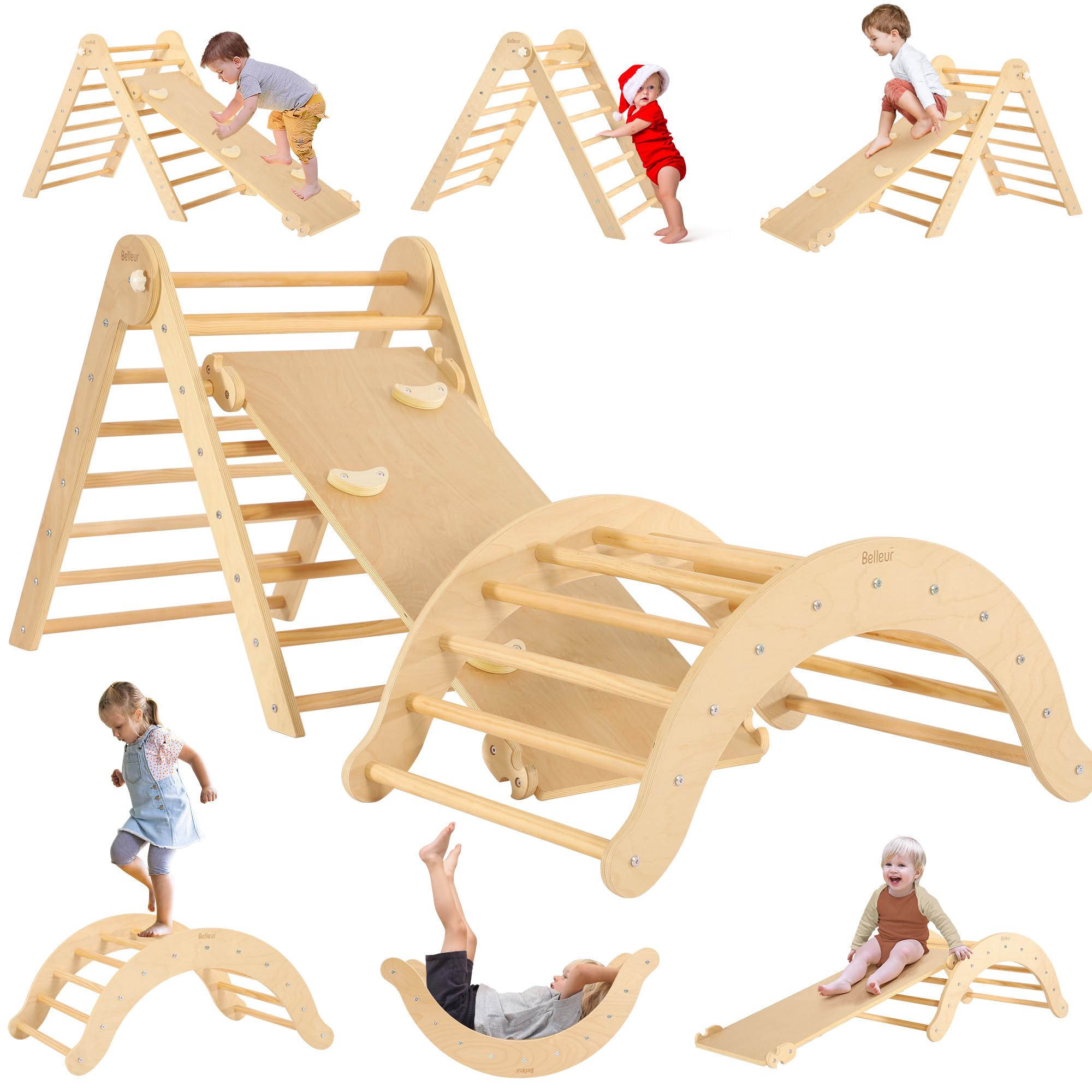 Photo 1 of 7 in 1 Wooden Pikler Triangle Set, Toddler Climbing Toys for Indoor & Outdoor with Ramp, Arch, Montessori Climbing Set for Toddler, Baby, Playground Jungle Gym for Kids 1-6 Years - Natural