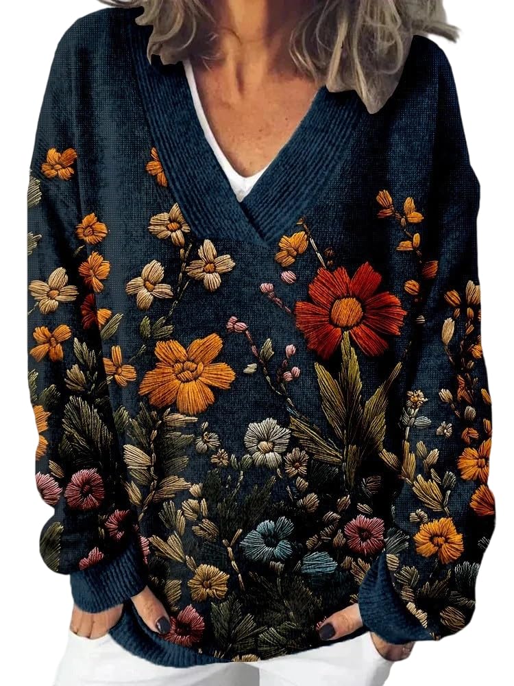 Womens Floral Embroidered V-Neck Sweater Long Sleeve Knit Pullover Lightweight Casual Fashion Top for Fall Winter Spring