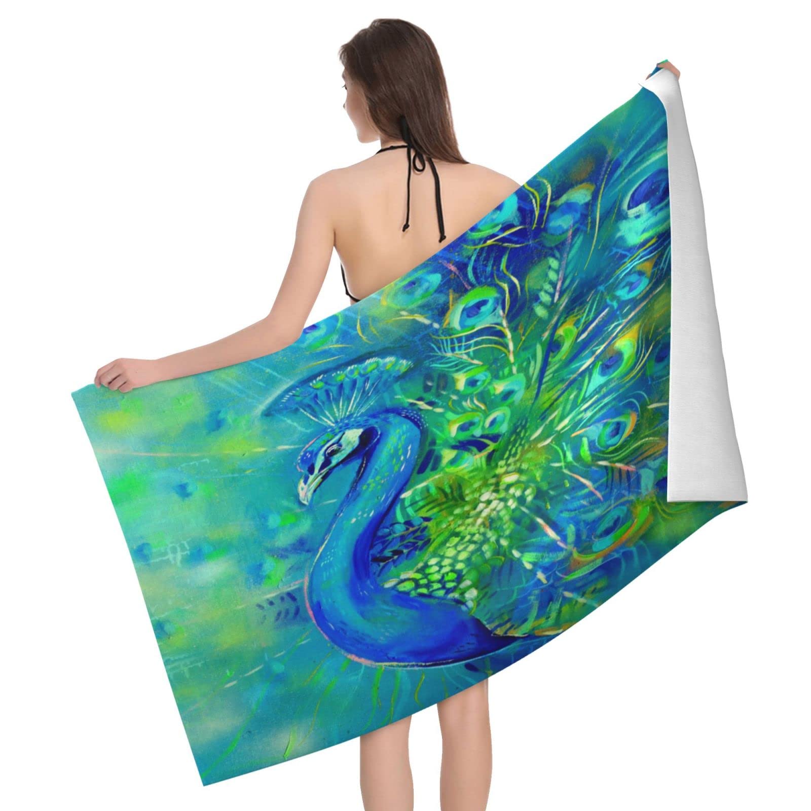 Lawenp Colorful Peacock Beach Towel, Lightweight Sand Free Quick Dry Microfiber Absorbent Bath Towel for Kids, Adults, Swimming, Bath, Yoga, Pool, Travel, Camping 32"X52"