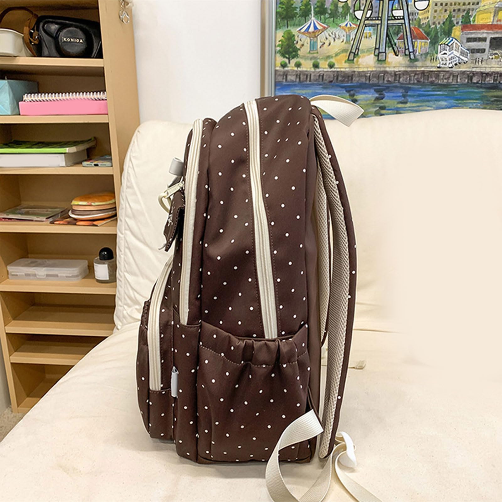 Elegante zaino a pois per donne e uomini grande capacità pratica borsa da libro in nylon con comoda tracolla casual Daypack, Colore caffè.