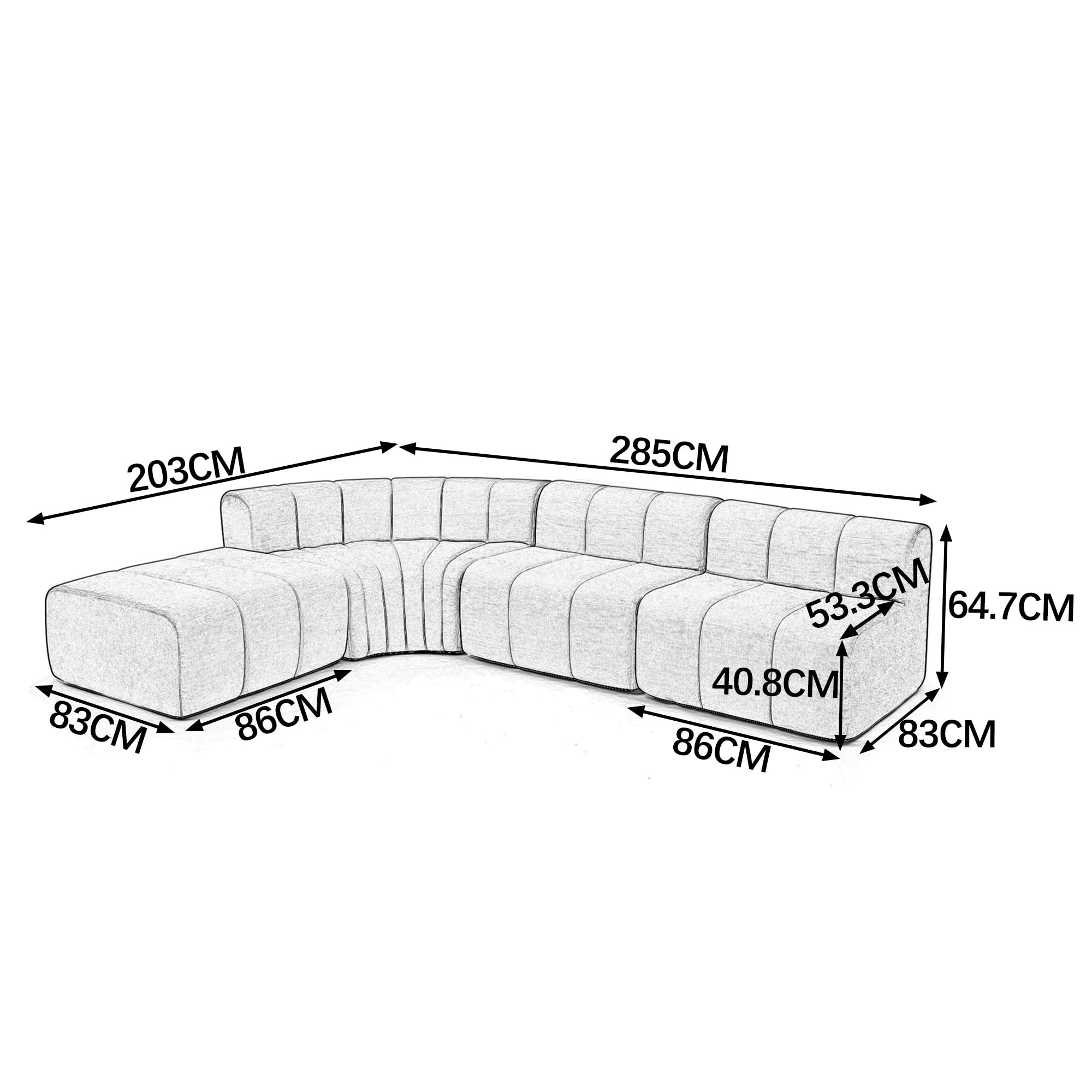 Sofá esquinero de compresión de 4 plazas con módulos combinables. Los módulos sin respaldo se pueden utilizar como mesa de almacenamiento temporal, reposapiés o asiento individual, color beige