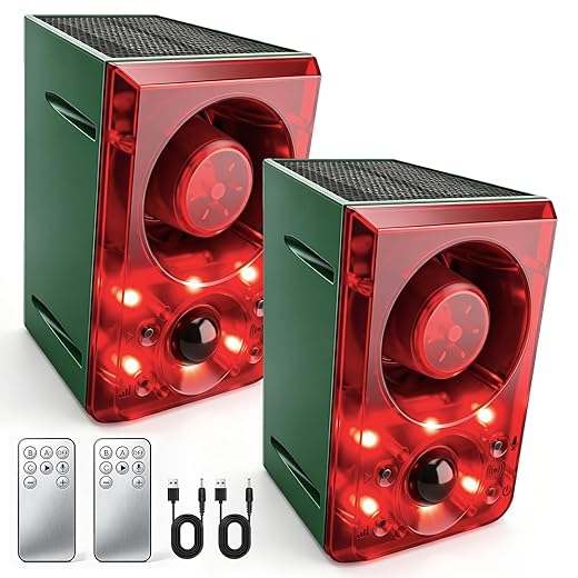ChunHee Solar Outdoor Motion Sensor Alarm Dog Barking Alarm Motion Detector 130db Loud Noise Maker/Recording and Adjustable Volume/6 Red Motion Activated Strobe Light for Home/Garden/Yard/Farm-2 Pack