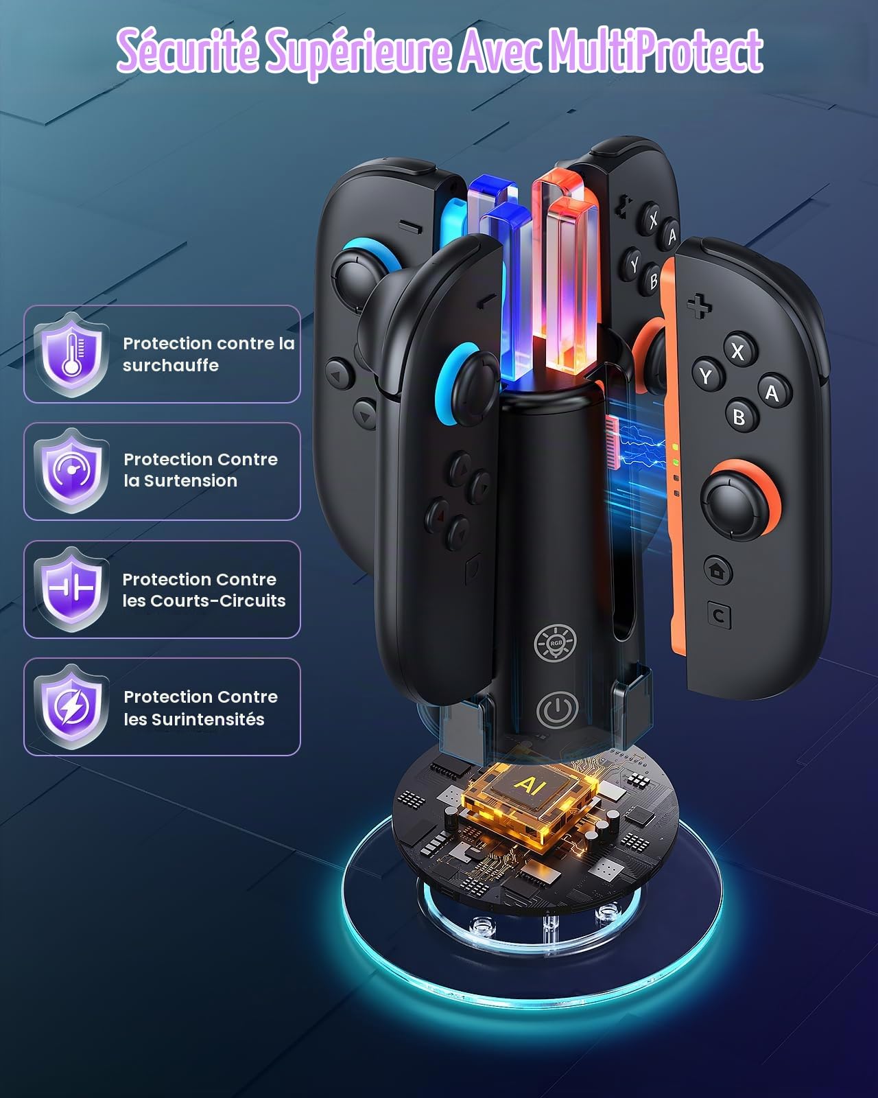 RVB Station de Charge 4-en-1 pour Switch 2/1/OLED pour Joycon 2/1 | FYOUNG Chargeur Dock Compact avec LED RVB & Indicateurs de Charge, Support de Recharge pour Joycon 2 & 1