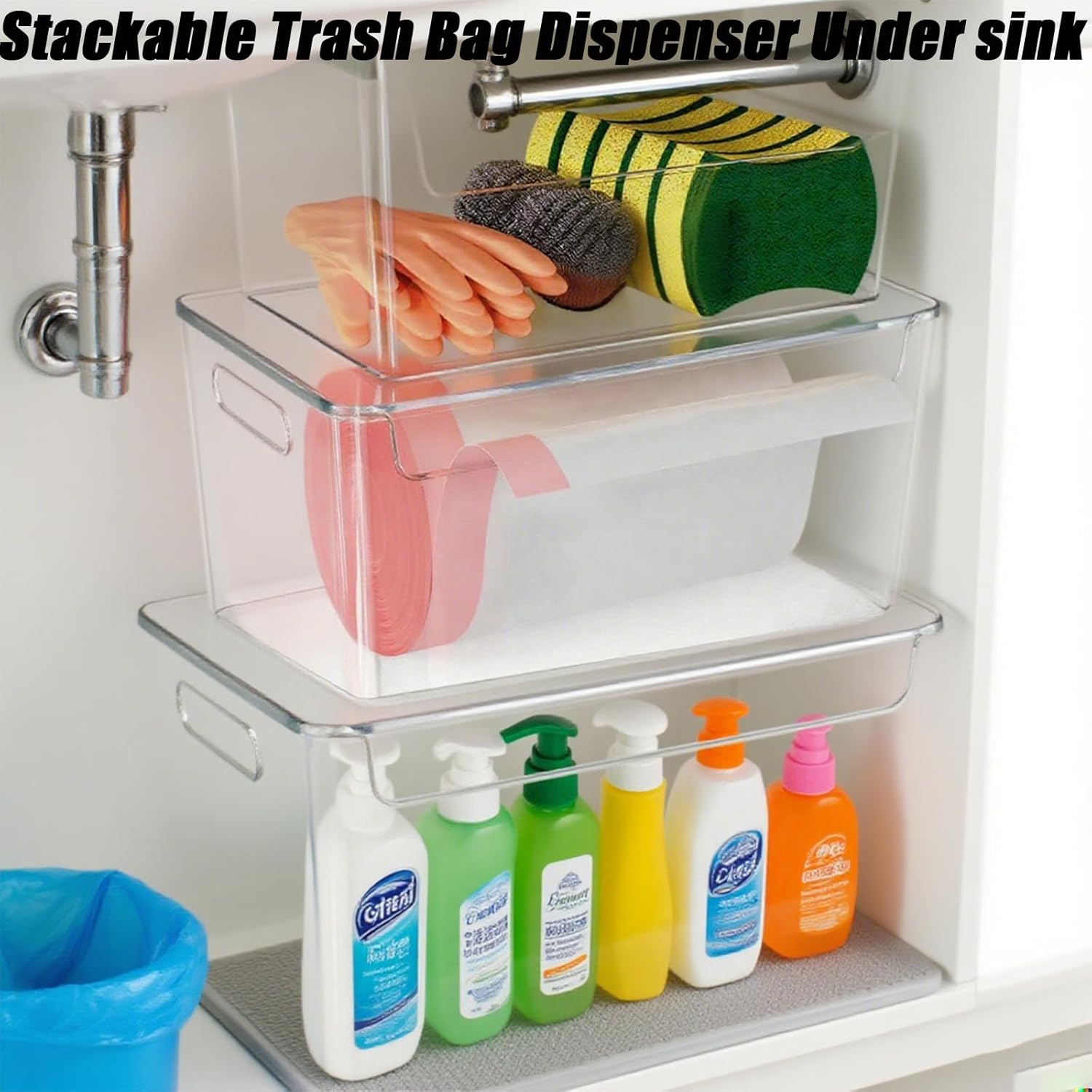 3 Pack Trash Bag Organizer Under Sink, Stackable Plastic Garbage Bags Holder with Lid, Trash Bag Dispenser Roll Storage for Kitchen, Pantry & Laundry Room Organization - Image 4