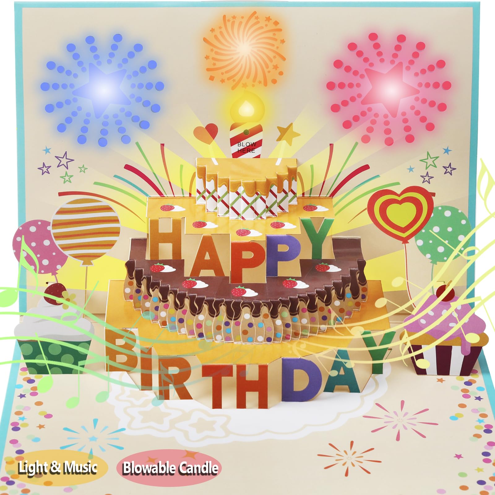 3D Pop Up Birthday Card with Lights and Sound, Blow Out LED Candle with Sensor, Singing Musical Greeting Card for Men, Women, Kids (Creamy)