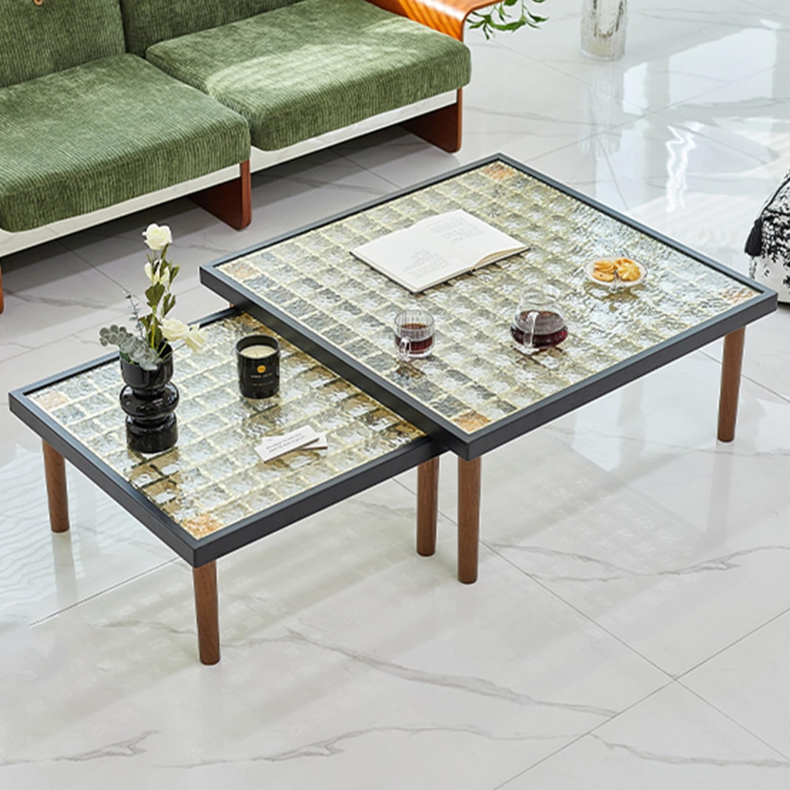 SXZenSpace Nesting Coffee Table Set of 2, Square Stacking Side Table, Tempered Glass Top, Easy Assembly, for Living Room Bedroom