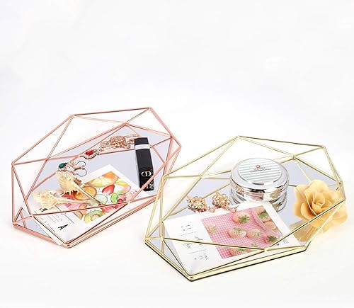 Miniatura 9 de Bandeja decorativa para espejo, organizador de maquillaje cosmético, bandeja decorativa hexagonal para escritorio, para joyas y perfumes (oro rosa)