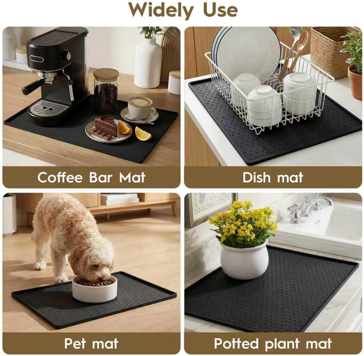 Coffee Mat with Raised Edges, 10”x14” Silicone Bar Mats for Counter, Heat Resistant Accessories Mat Keep Kitchen Counters Clean & Drying, Espresso Machine Coffee Bar Mats for Countertop, Black