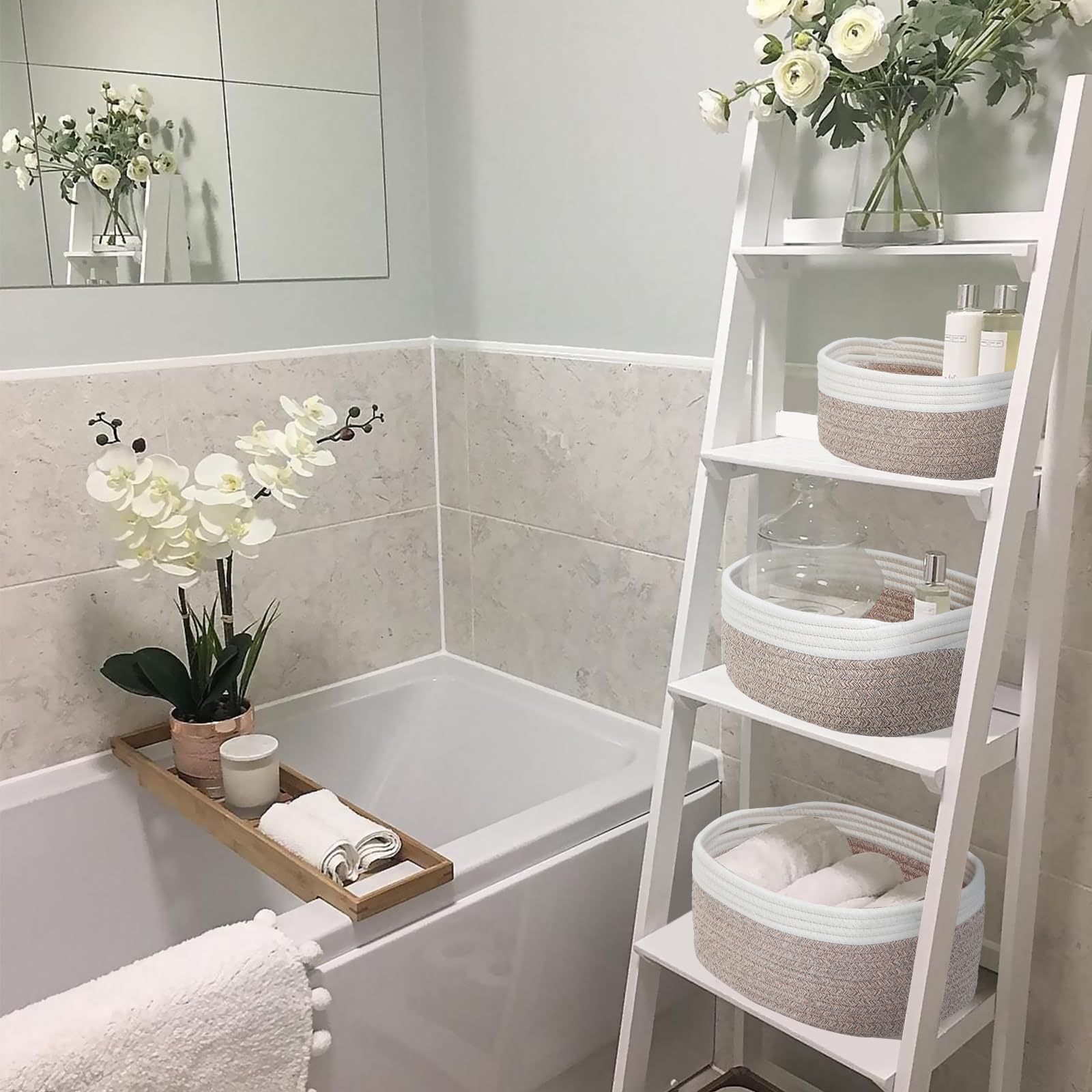 HDRNT Set di 4 cestini portaoggetti intrecciati in corda di cotone, cestino con manico, portaoggetti impilabili, cestini e contenitori per la cameretta dei bambini, organizer da bagno