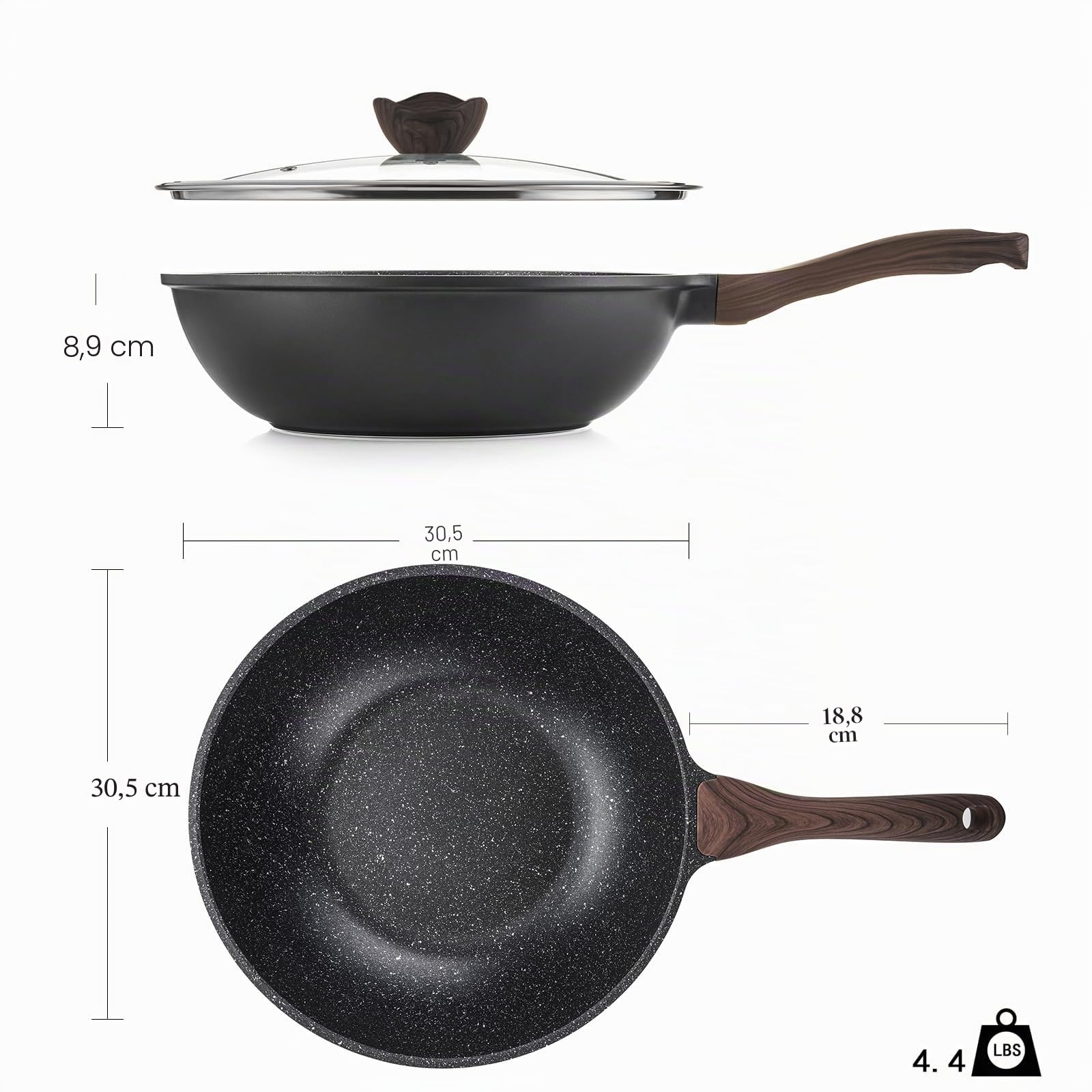 Kordisen Wok 30 cm, Wok de Inducción con Tapa, Revestimiento Antiadherente, Apto para Todo Tipo de Fuegos, Sin PFOA