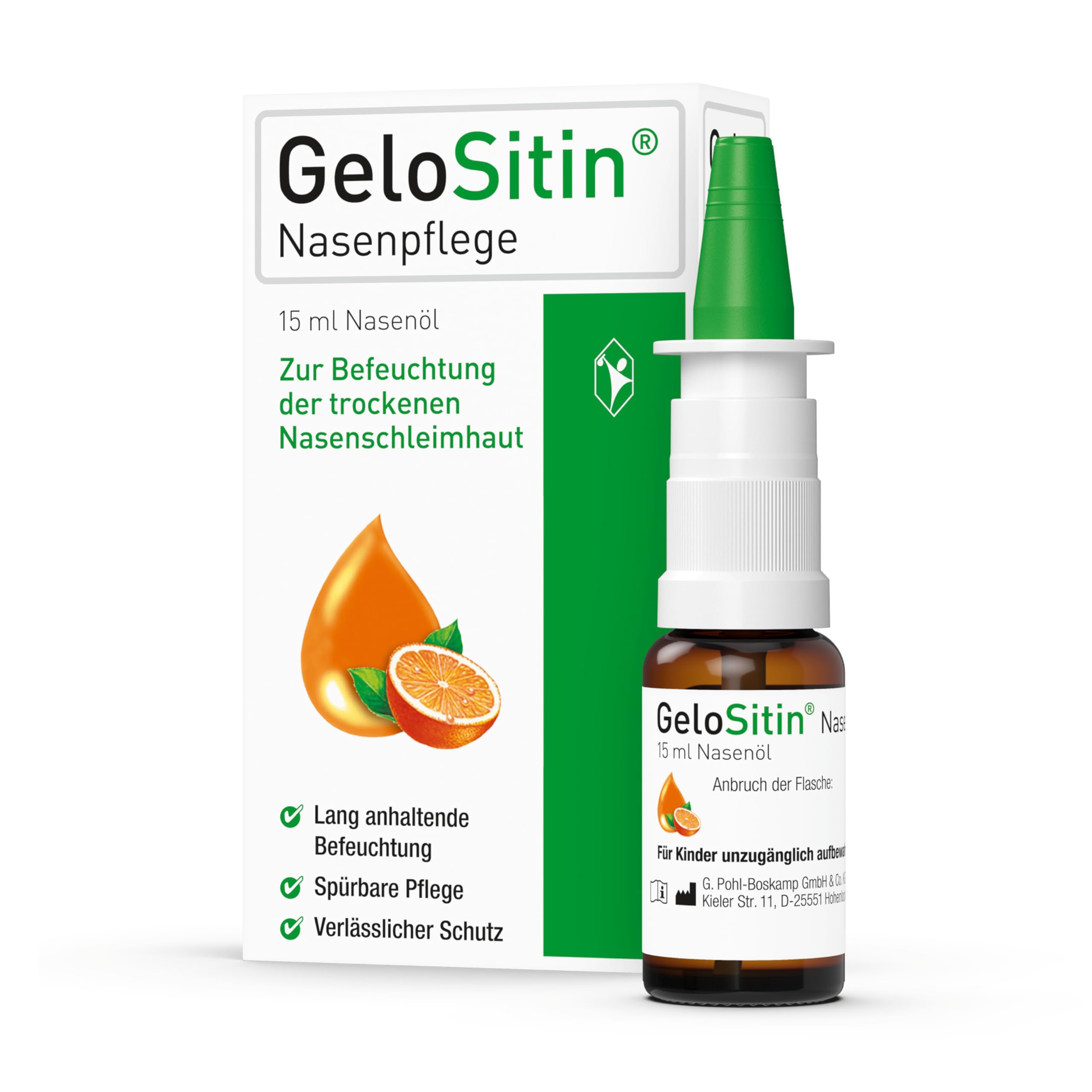 GeloSitin Nasenpflege: Nasenöl für lang anhaltende Befeuchtung bei trockener Nasenschleimhaut, entfernt schonend Krusten und Borken, mit hochreinem Sesamöl, Orangen- und Zitronenöl, 15 ml