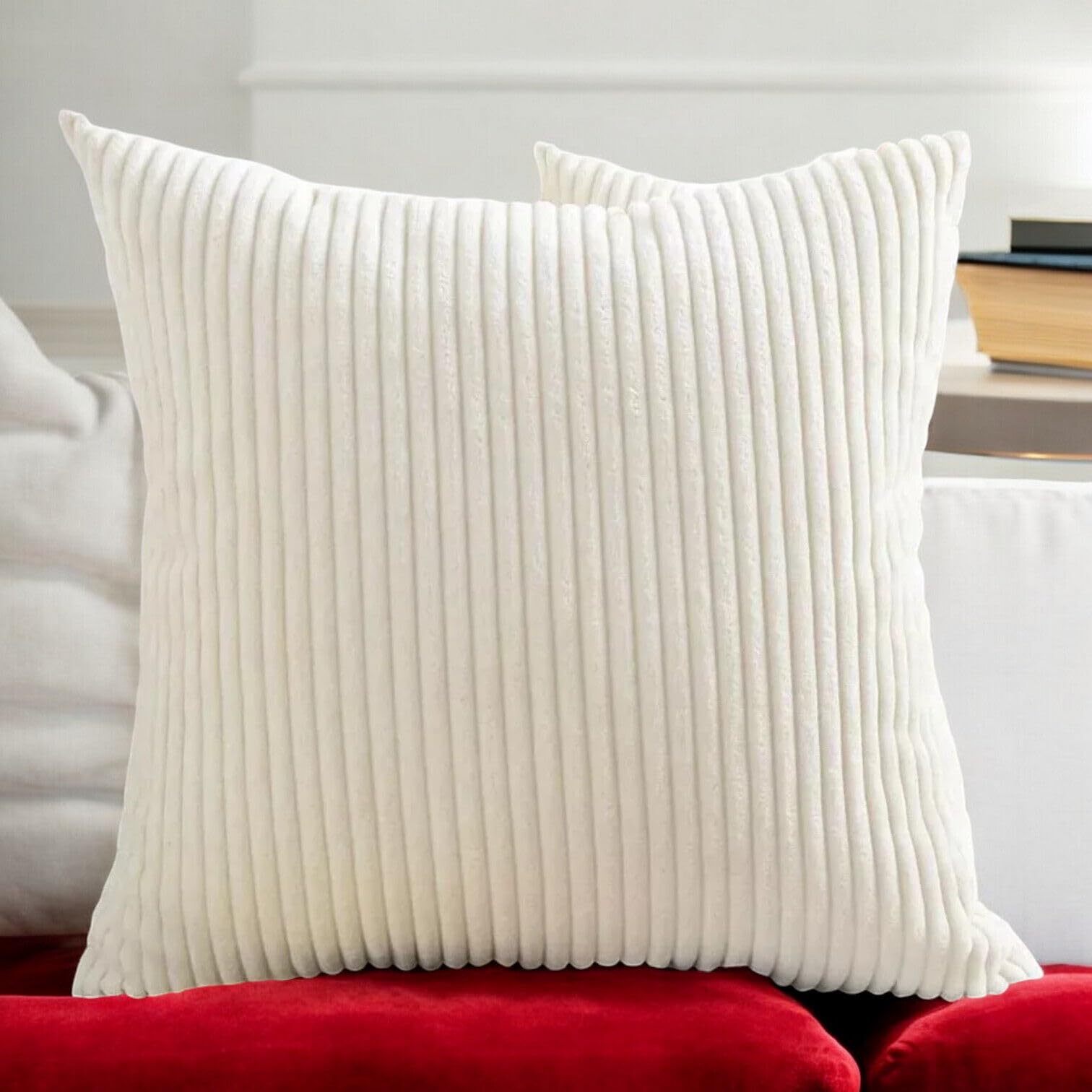 Seechoo Corduroy Cushion Covers, Set of 4, 40 x 40 cm, Plain Soft Striped, Assorted Colours (Cream), 40 x 40 cm (Pack of 4) - Image 4