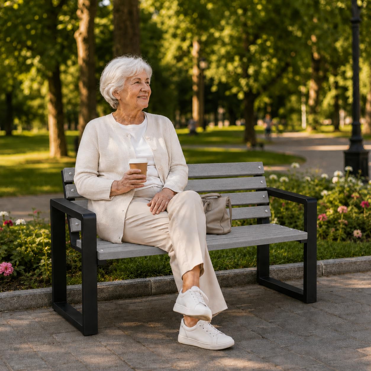 Banc de Jardin en Bois 125 cm, Banc Extérieur Jardin en Métal 500 kg