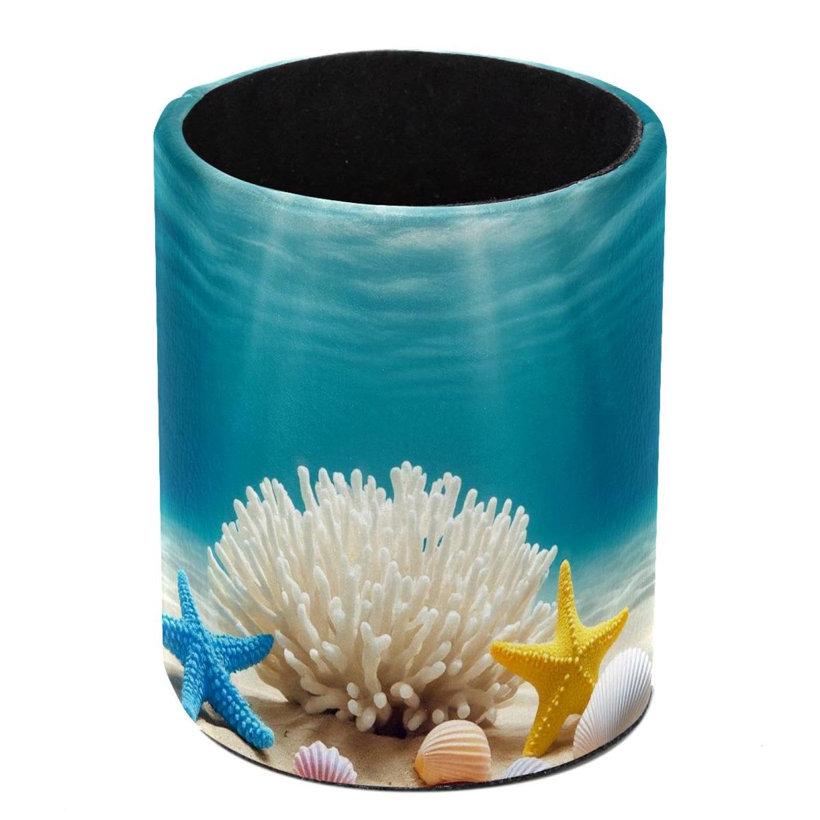 HEOEH Starfish Seashell Pen Holder for Desk, PU Leather Pencil Holder Pen Cup Marker Holder Makeup Brush Holders, Desk Accessories & Workspace Organizers for Home, Office