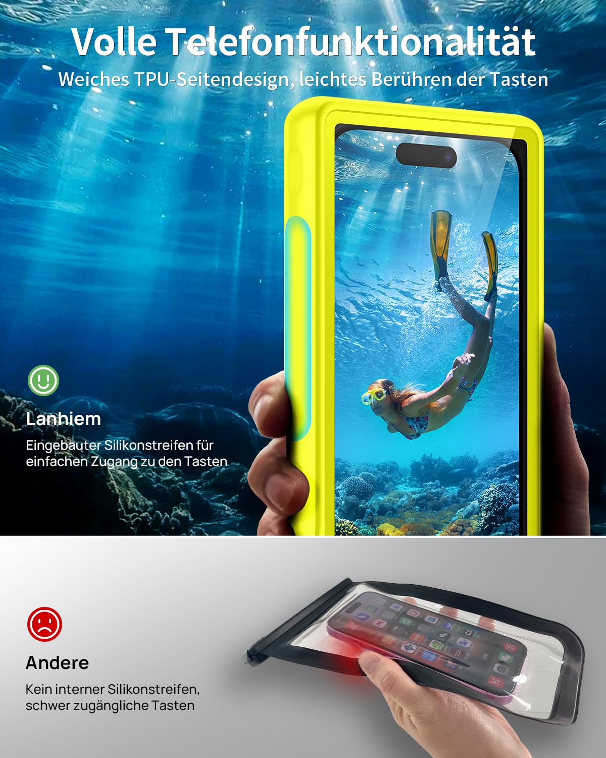 Lanhiem wasserdichte Handyhülle Universelle, Professionelle IPX8 Wasserfeste 15M Tauchen Handytasche [Unterwasser Touchscreen] Case für iPhone Samsung Google Xiaomi und 4.7-6.9'' Handy, Gelb