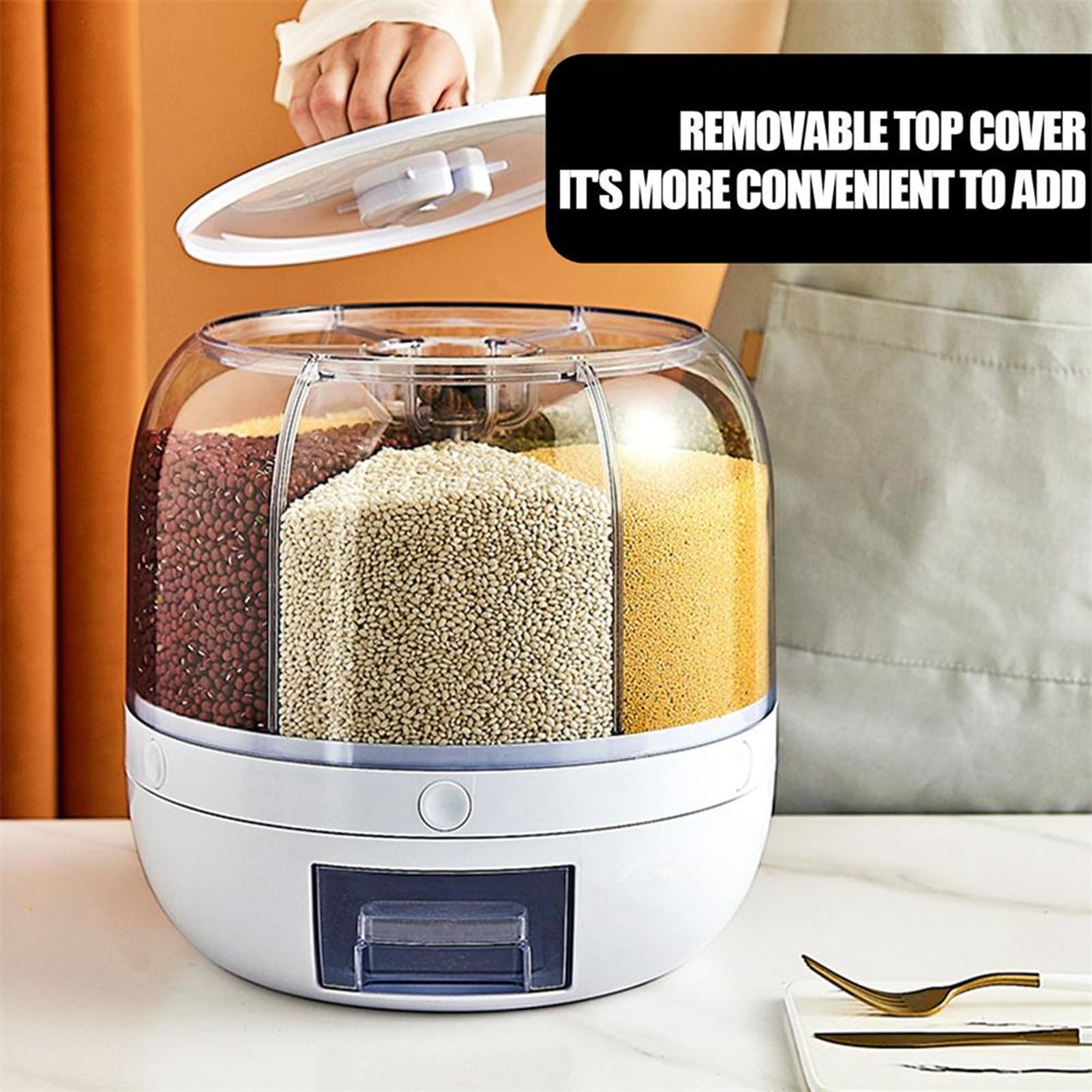 EMUKOEP Scatola per la Conservazione degli Alimenti per Cereali Sigillata e Girevole con Dispenser per Riso a 6 Griglie, Design Salvaspazio, Facile Rimozione del Coperchio Superiore, per
