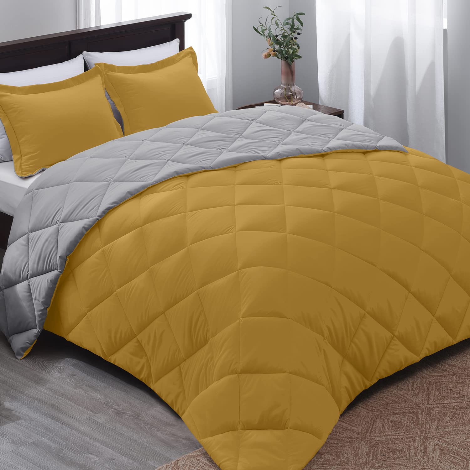 Photo 1 of Basic Beyond Queen Comforter Set - Ochre Comfoter Set Queen, Reversible Bed Comforter Queen Set for All Seasons,  Ochre/Grey, 1 Comforter (88"x92") and 2 Pillow Shams (20"x26"+2") Ochre/Grey Queen