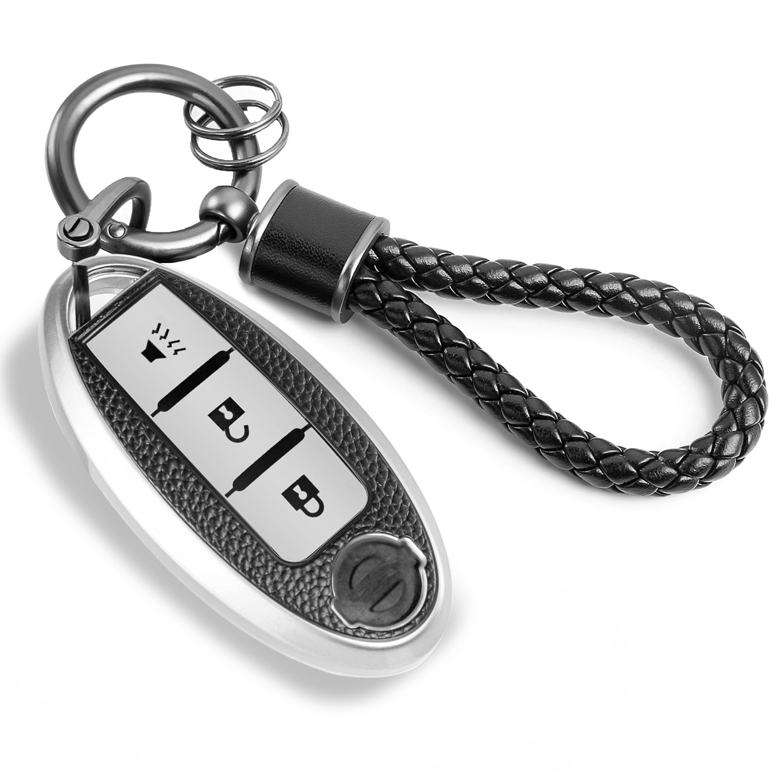 CTRINEWS for Nissan Key Fob Cover with Metal Braided Rope Keychain, Advanced Soft TPU Surface Grain Key case for Nissan Key Shell (3 Button only) (Silver, Braided Rope)