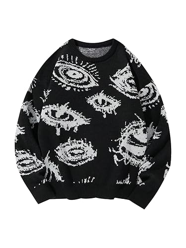BEAUDRM Men's Fall Goth Grunge Sweater Y2K Oversized Punk Sweater Halloween Graphic Long Sleeve Knit Pullover Streetwear - Medium - Black and White