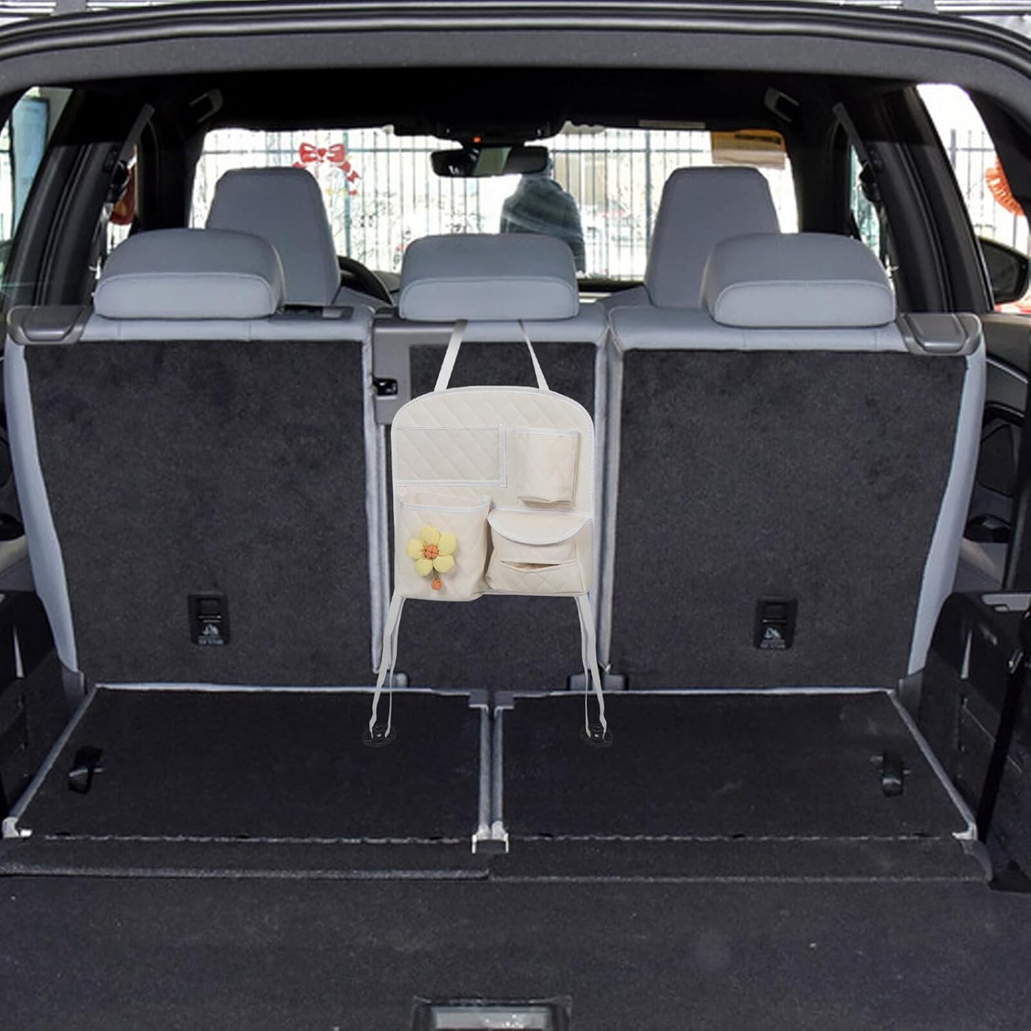 Car Backseat Organizer Hanging Storage Bag Pu Leather Car Seat Back Organizer with Multi-pocket Design Beige Quilted Backseat Storage for Suvs