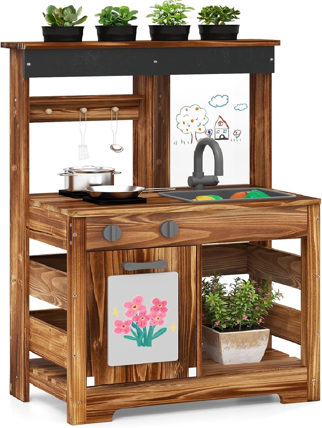 INFANS Mud Kitchen, Outdoor Play Kitchen with Drawing Board, 4 Cups, Removable Sink, Storage, Cooking Accessories, Wooden Kids Kitchen Playset Gift for Boys Girls Ages 3+
