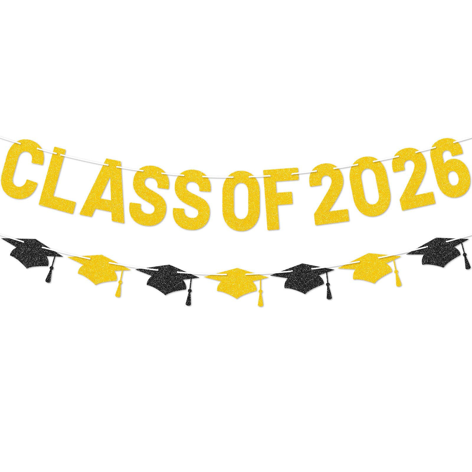 Class of 2026 Graduation Bunting, Gold Glitter Letter Bunting Banner & Graduation Cap Garland, 2026 Graduation Party Decorations for High School College Graduation Celebrations