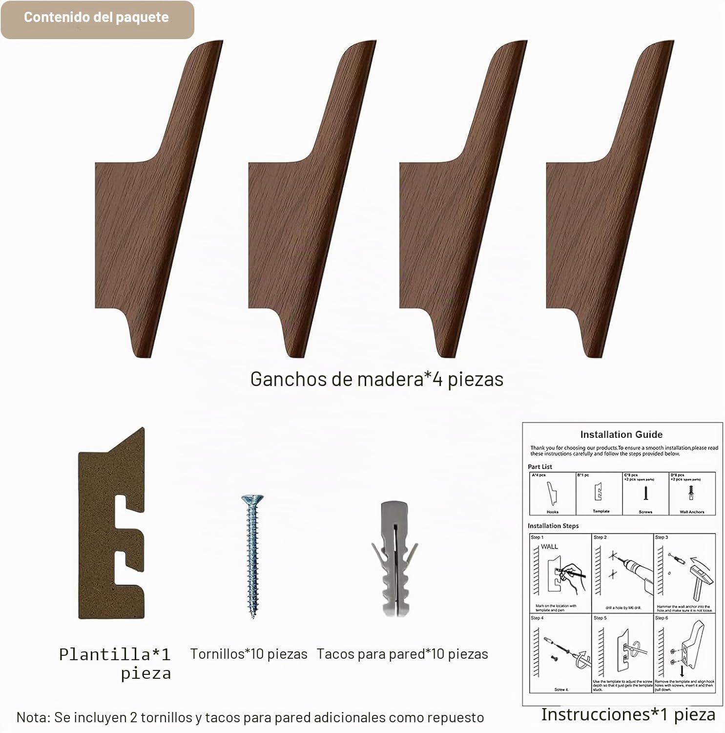 Perchero de Pared de Madera de Nogal, Juego de 4 Ganchos con Diseño de Pájaro, Colgadores Pared Robusto para Recibidor, Baño, Dormitorio, Incluye Accesorios de Montaje