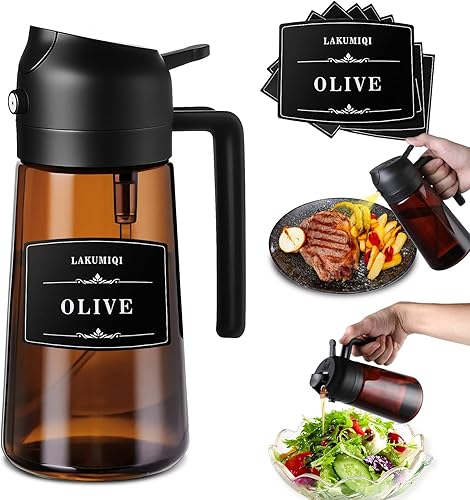 Dispensador y rociador de aceite de vidrio 2 en 1, botella rociadora de aceite de oliva a prueba de fugas de 16 onzas líquidas para cocinar,