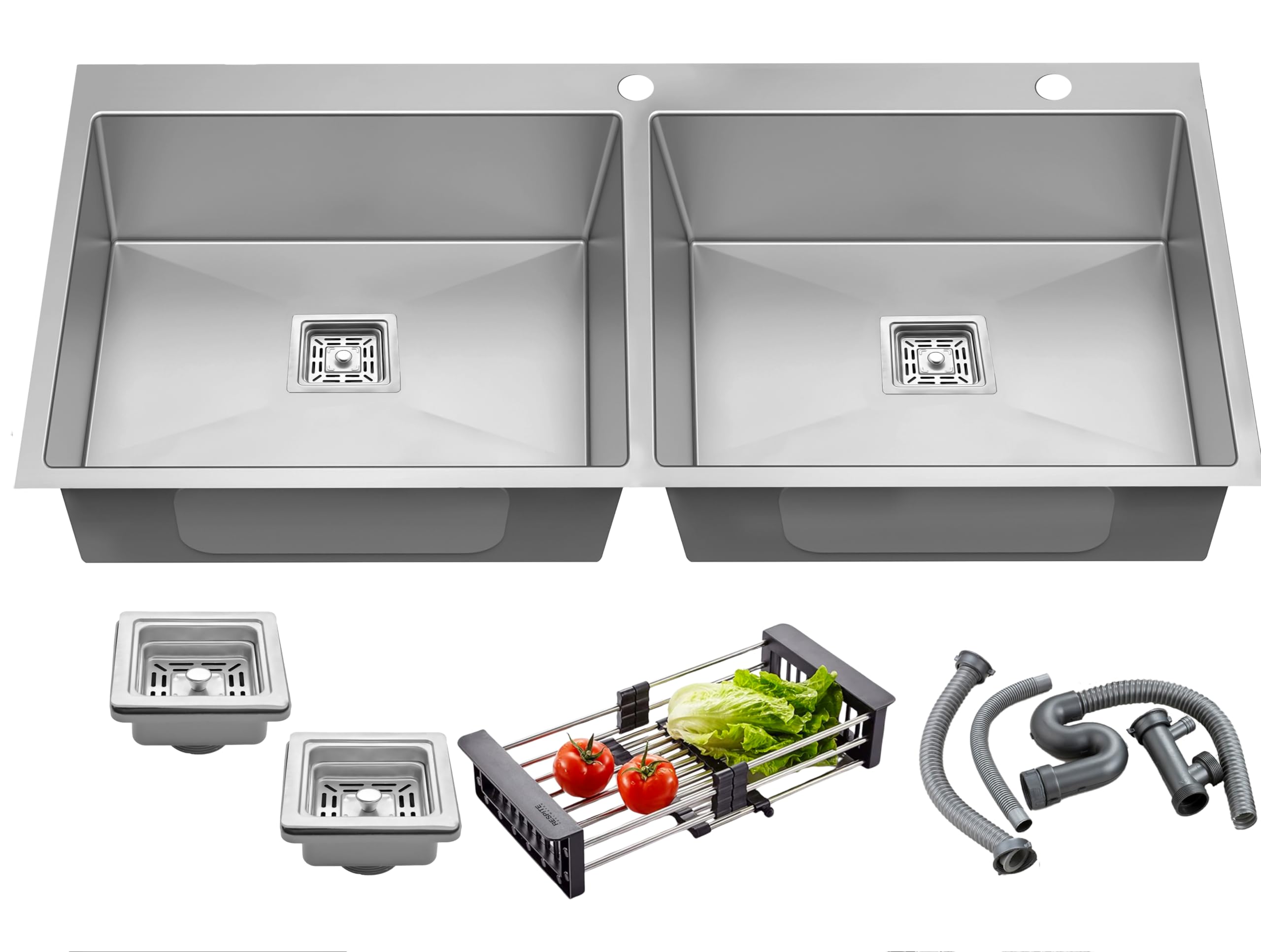 RESPITE37"X 18"X 10" Double Bowl Tap Hole Handmade Premium Stainless Steel Kitchen Sink (Silver, Matt Finish) With Fruit Basket, Sink Coupling & waste set.