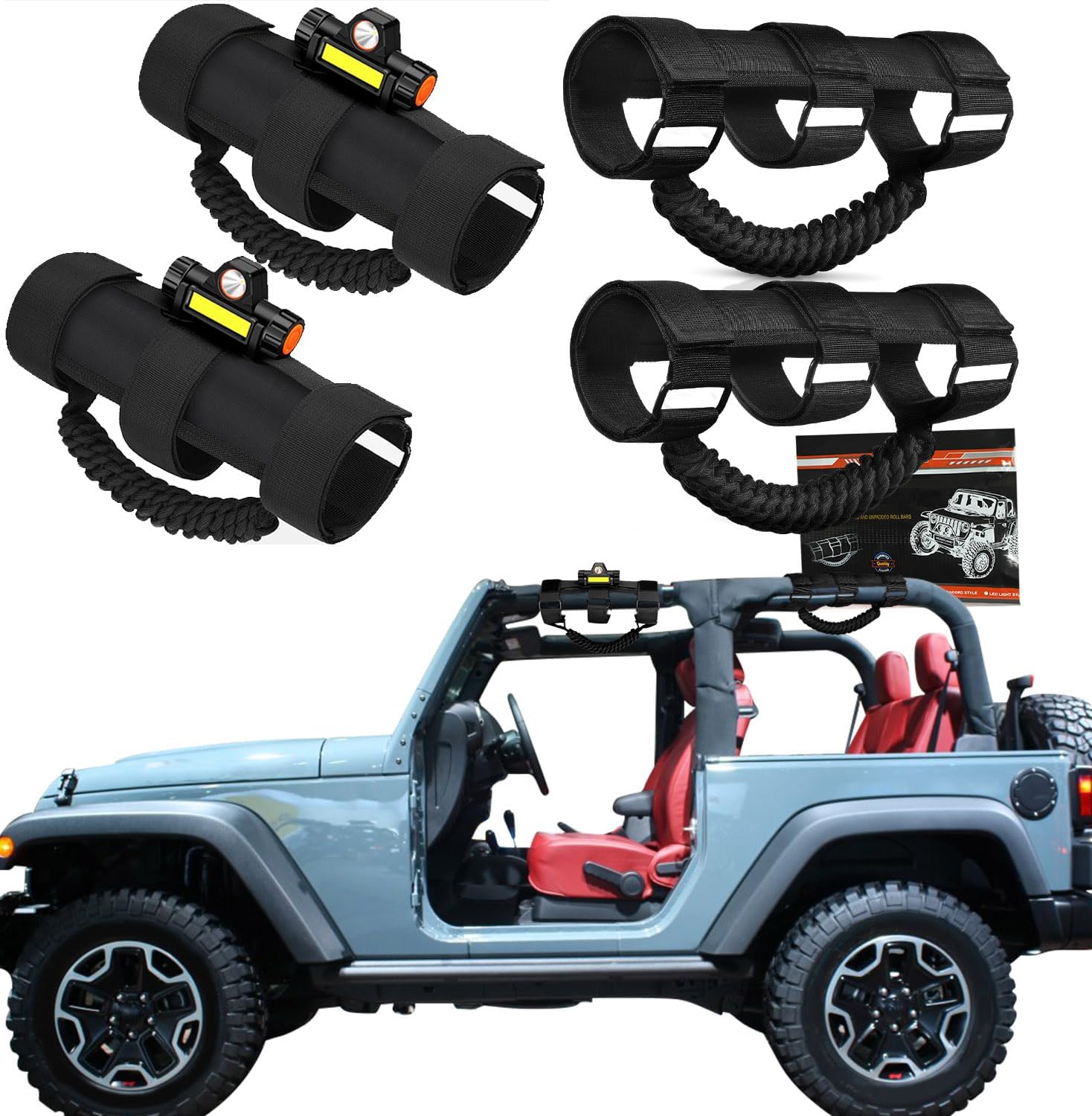 moveland Upgrade Roll Bar Grab Handles - Paracord Grip Handle with Light Bar for 1955-2023 Jeep Wrangler CJ YJ JK JL Gladiator JT UTV Polaris RZR
