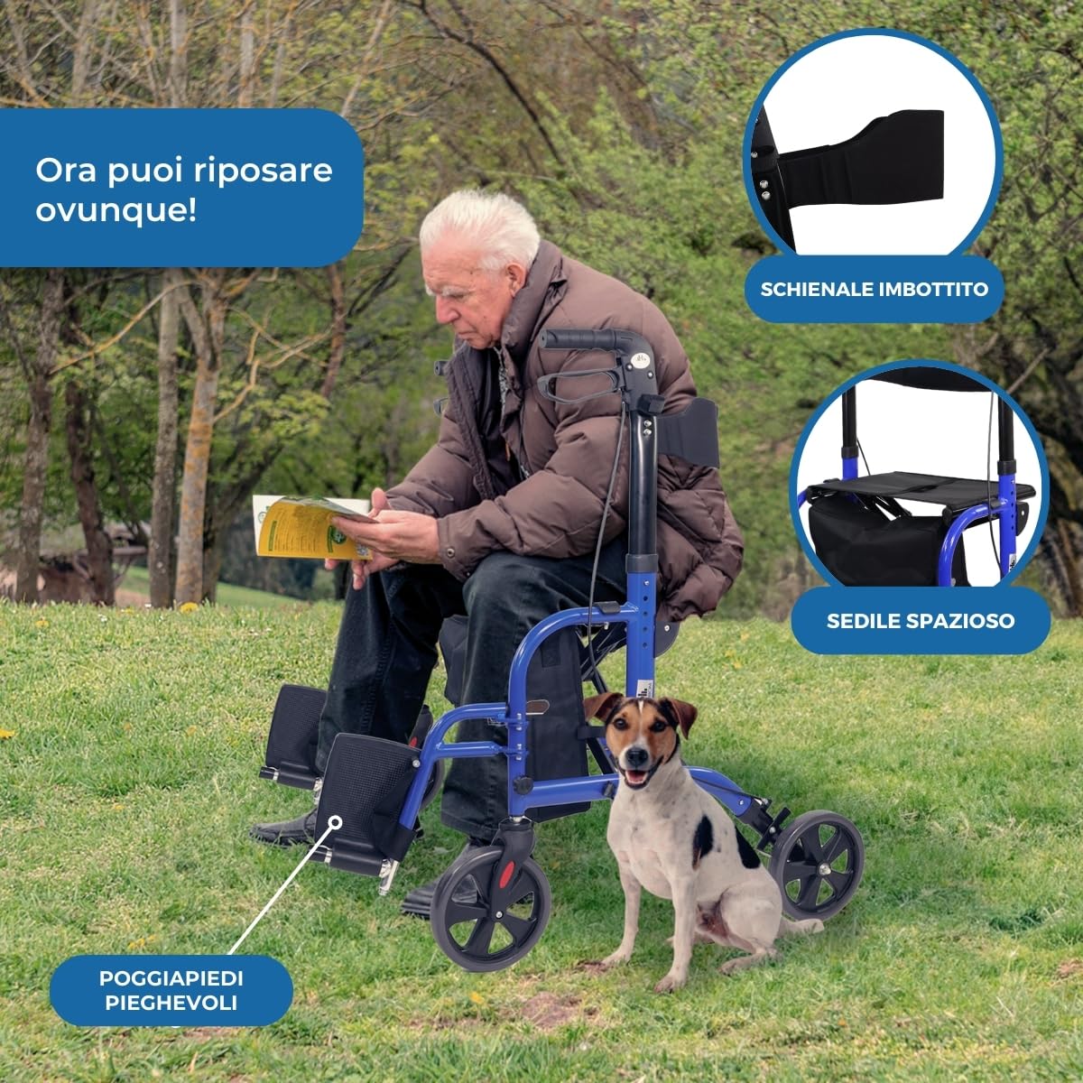 Mobiclinic, Deambulatore, Picasso, Marchio europeo, Adulti o disabili, Per anziani, In alluminio, Leggero, Pieghevole, Con seduta e 4 ruote, Colore blu