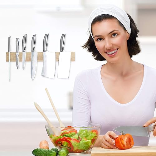 Miniatura 3 de MIAOHUI Tira magnética de madera ecológica para cuchillos, soporte magnético para cuchillos de cocina, barra magnética para cuchillos con uso