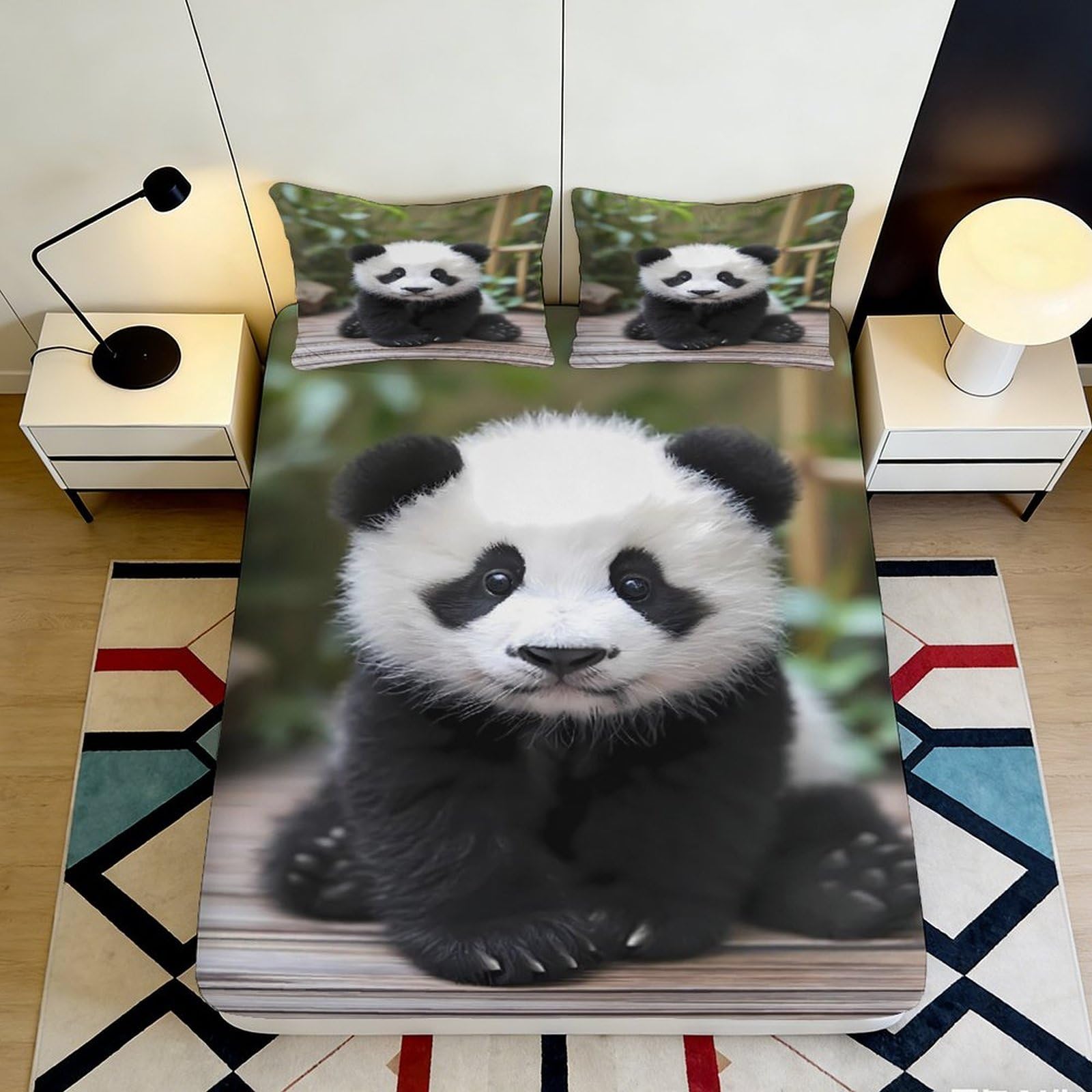 3D Printed Cute Panda Fitted Sheet Microfiber Soft Breathable Bamboo Forest Mattress Cover for Bedroom Dorm Decor 140x200x25cm