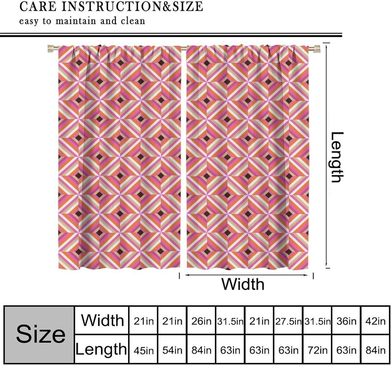 Retro Mid-Century Curtains, 1960s Modern Geometry Pink Pattern Rod Pocket Drapes for Kitchen Dinning Room Bedroom Living Room Office Window Treatment, 42x45 Inch