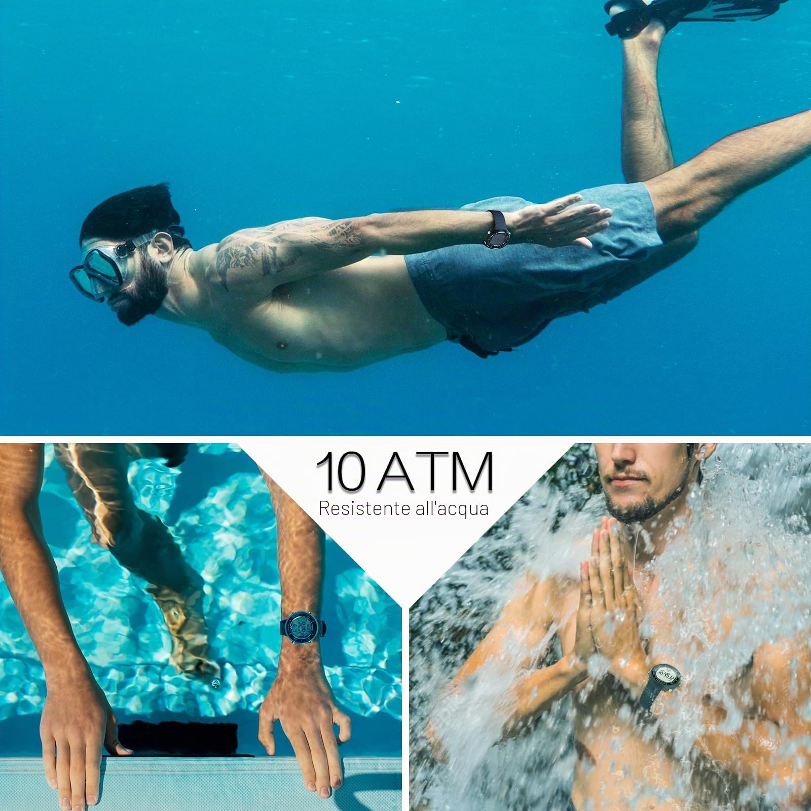 Orologio da polso per nuoto e immersione, impermeabile, 10 ATM, con funzioni di sveglia, cronometro, conto alla rovescia, doppio fuso orario, formato 12 e 24 ore commutabile, cinturino in silicone