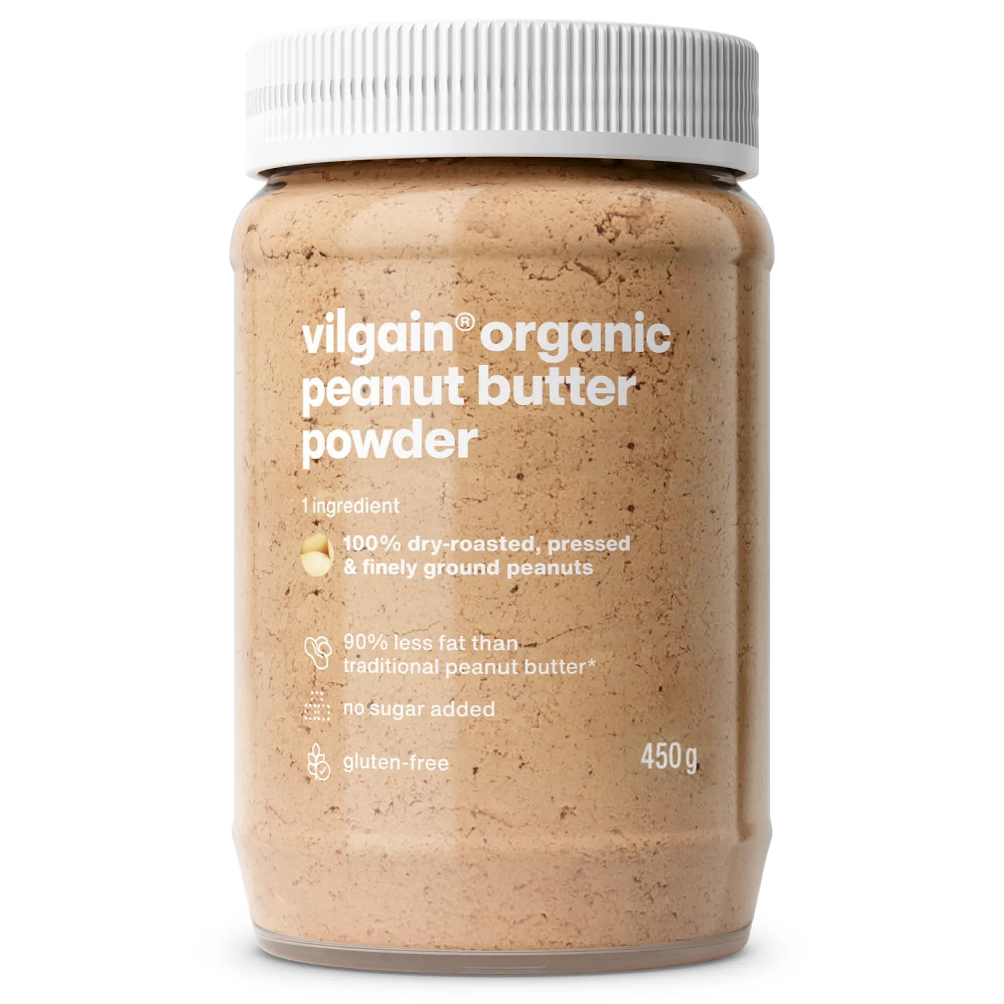 Vilgain Organic Peanut Butter Powder (450 g) – No Added Sugar, Vegan Protein Powder with 50% Plant-Based Protein, Reduced-Fat Fitness Snack for Baking & Mixing