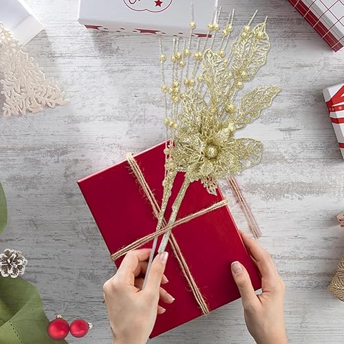 Miniatura 5 de ROSELEAF Paquete de 28 adornos artificiales de tallo de bayas con purpurina, adornos de Navidad dorados, ramas de flores, púas para decoración del