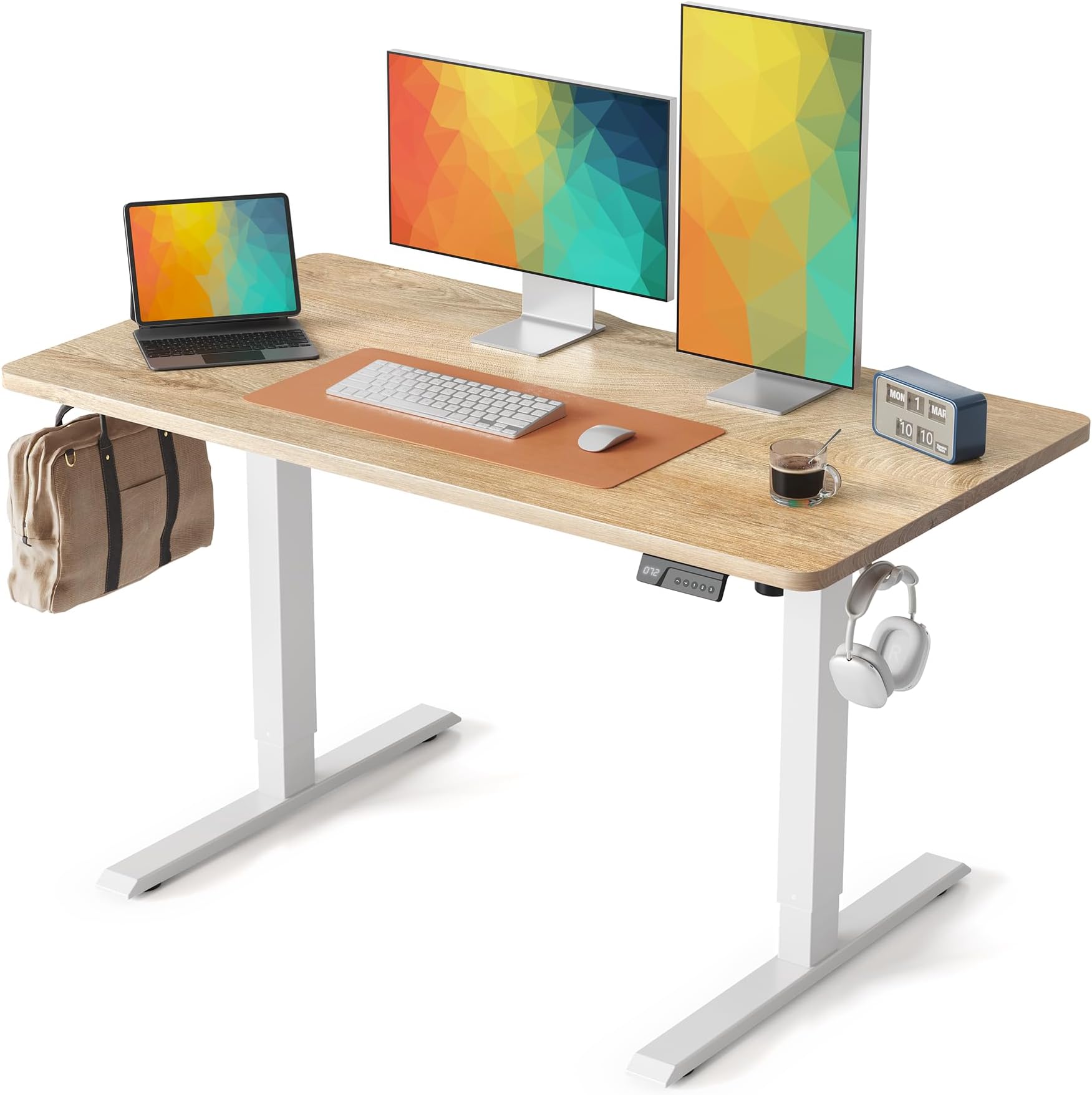 Cubiker Standing Desk, 48x24 Inches Sit Stand Home Office Desk, Electric Stand up Desk, Adjustable Desk with Splice Board, White Frame/Maple Top
