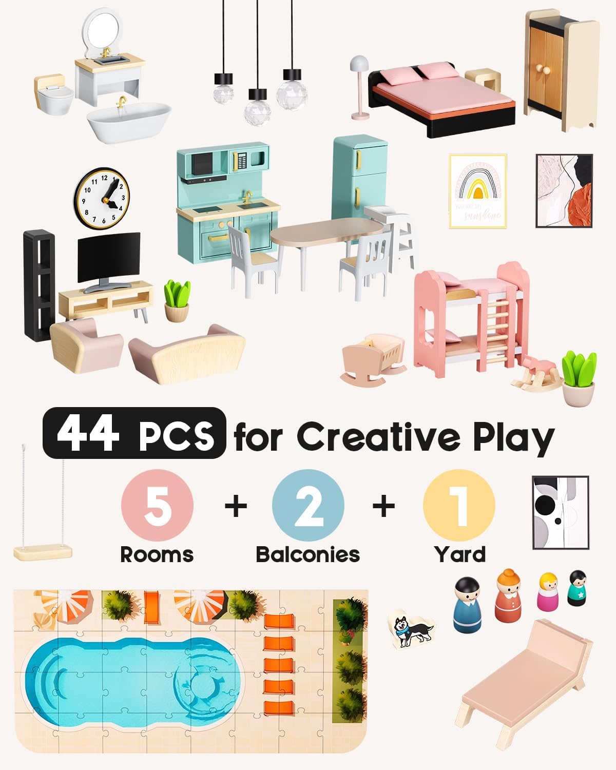 BIERUM Wooden Dollhouse, Large Modern Doll House with 44Pcs Furniture Accessories, Dolls & Pets, DIY Puzzle Pool Yard, Wood Dollhouse Toy for Toddlers 3+, Ideal Gift for Boys and Girls (Black)