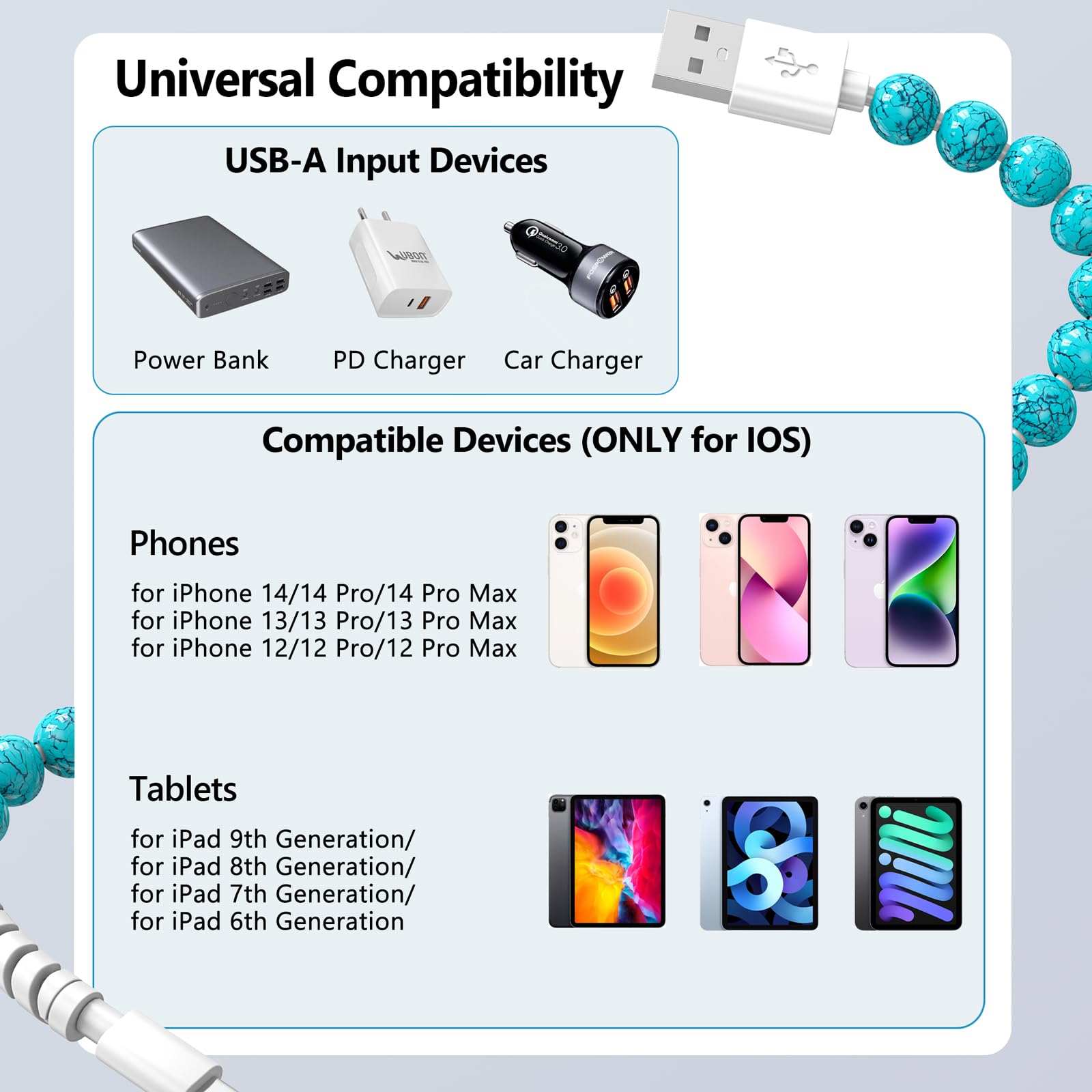 HianDier Cavo da USB a iPhone da 3 m 3A a ricarica rapida per iPhone cavo durevole verde turchese pietra Bead cavo di ricarica compatibile con iPhone 14 13 12 11 Pro XS XR 8 7 6s Plus iPad